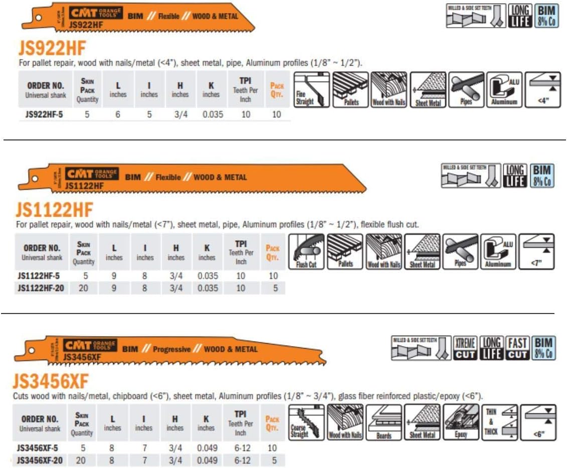 CMT USA, Inc. JS1122HF-5 CMT 10 TPI Bimetal Reciprocating Saw Blades for Wood/Metal (5 Pack), 8"