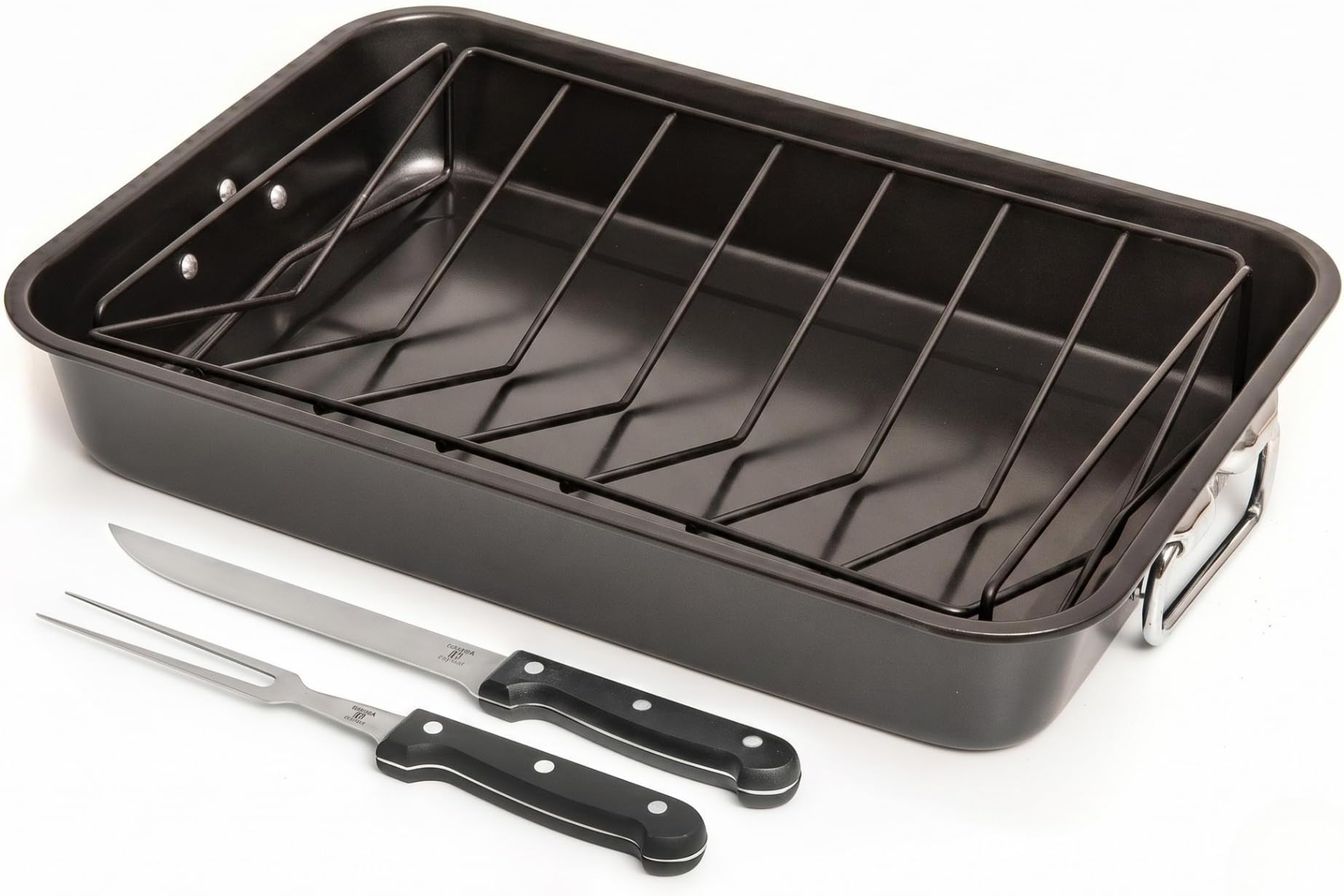 Moss & Stone 16.5” Roasting Pan with Rack – Heavy Duty Nonstick Carbon Steel Turkey Roaster, Large Rectangular Oven Pan with V-Rack, Bonus Carving Fork & Chef Knife