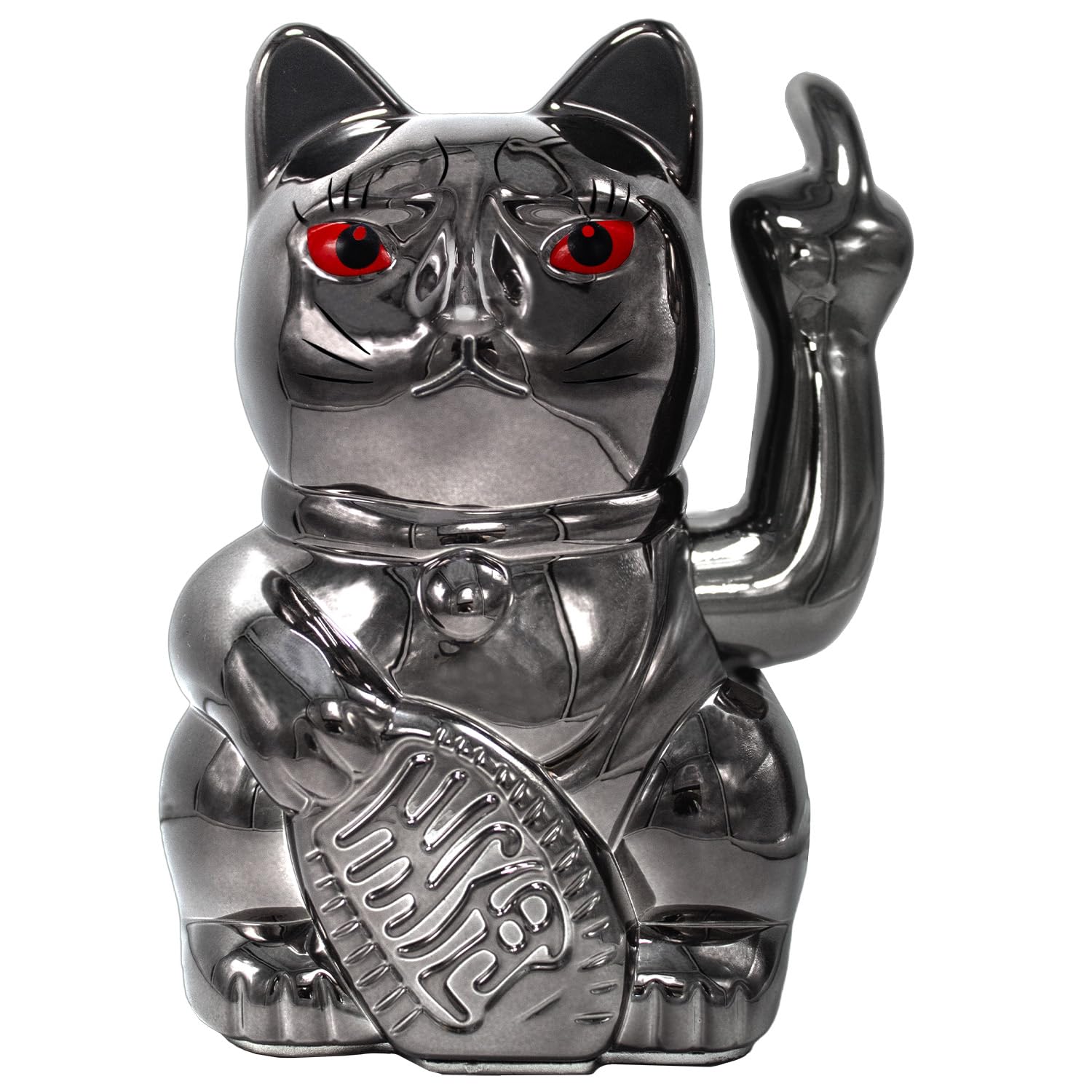 ANGRY CAT - Lucky Cat - Funny Waving Cat - Japanese Waving Cat with Stink Finger - Decorative Wobble Figure Cat - Waving Arm with Middle Finger - 15 cm, Black Shiny