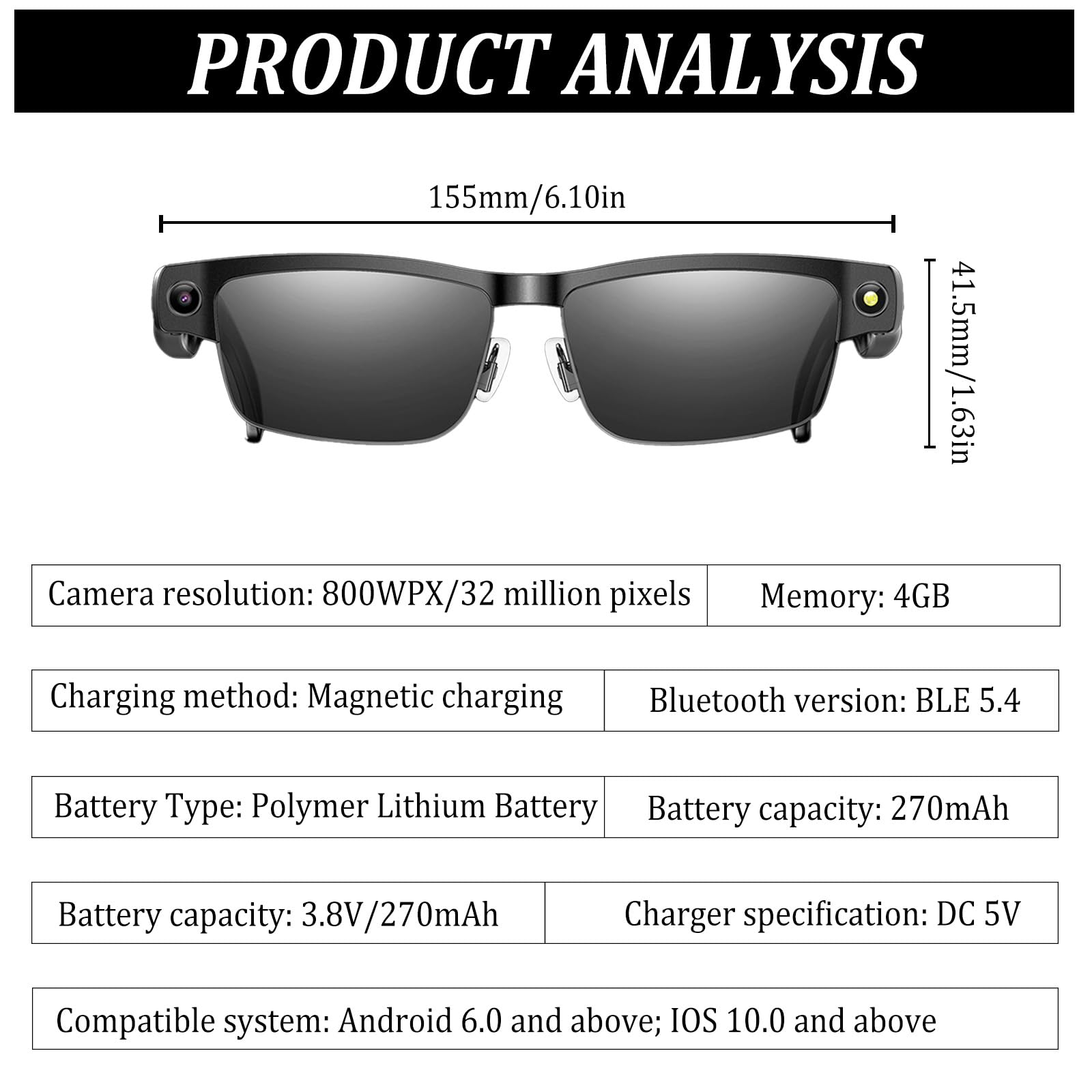 AI Smart Glasses 4K HD, 800 W, fotocamera anti-oscillazione, occhiali con registrazione video, doppi microfoni con cancellazione del rumore, traduzione simultanea, integrazione ChatGPT (lenti