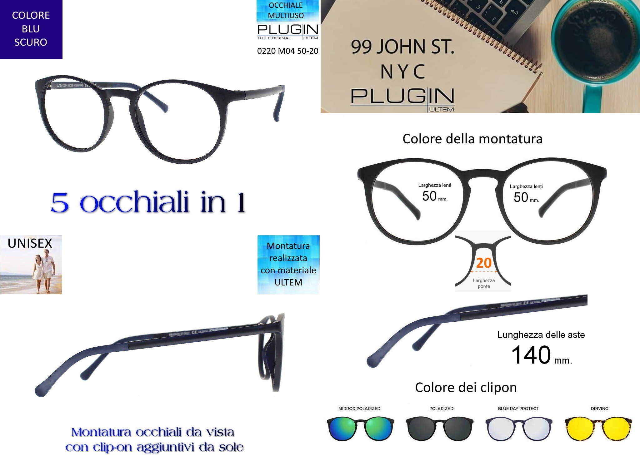 THEMA U-220 Colore M04 BLU OPACO - Fronte Ø 50 mm. Montatura per occhiali da vista e sole + 4 CLIPON Linea “99 John St NYC” UNISEX