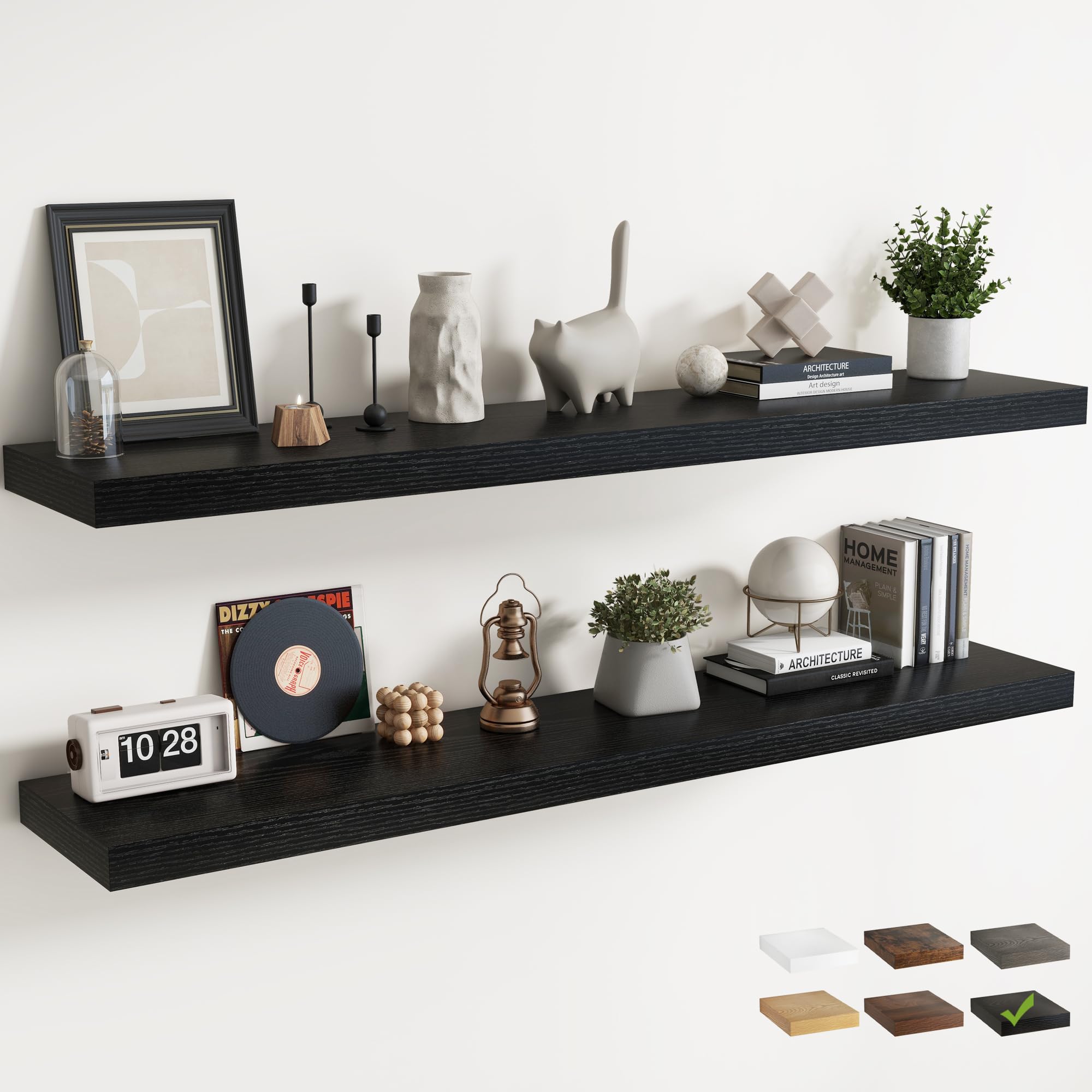 Photo 1 of 72 Inch Long Floating Shelves for Wall Set of 2, 12"D Wood Grain Bathroom Shelves with Invisible Brackets, Easy Install Engineered Wood Storage Shelves for Kitchen, Living Room, Bedroom, Black Finish