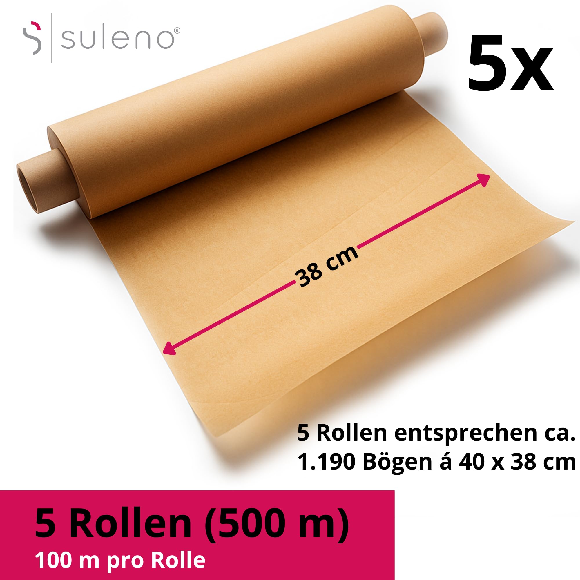 SULENO 5 x Backpapier Rolle, 38 cm x 100 m, 500 m - 5 Rollen | Antihaftbeschichtet, Hitzebeständig bis 220 °C, Beidseitig Silikoniert, Naturbraun