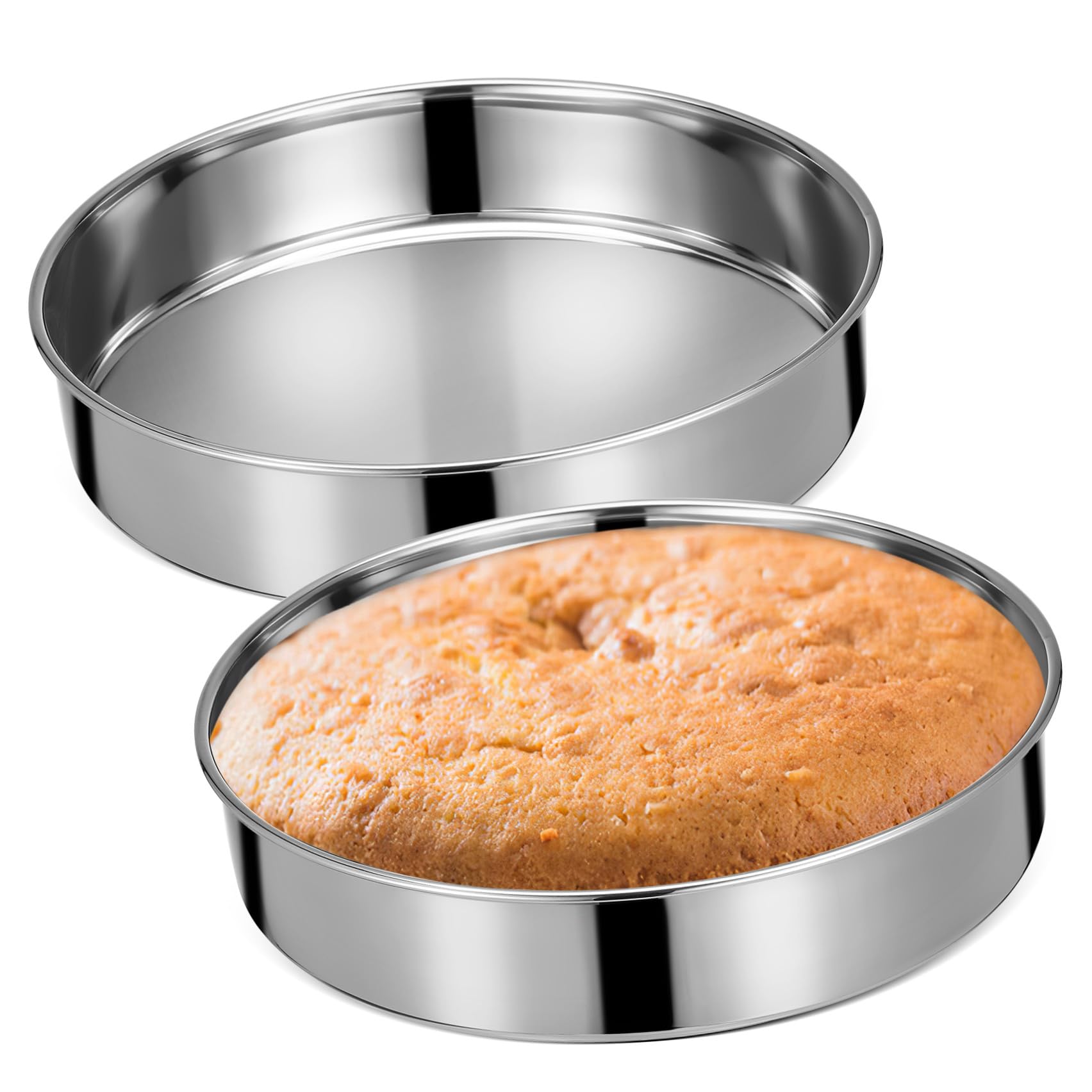 Molde para Pasteles Redondo de Acero Inoxidable sin Borde Base Plana, 24 Cm, Set de 2 Unidades para Hornear y Servir, Resistente a Altas Temperaturas, Apto para Horno y Cocina