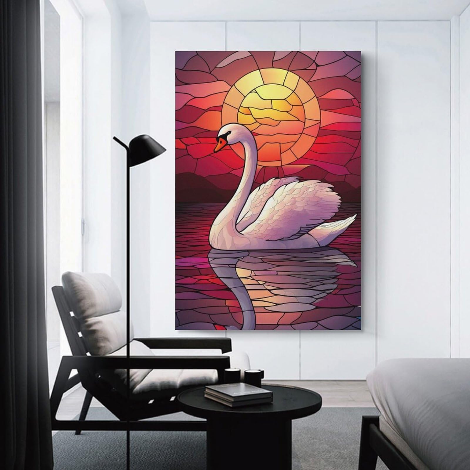 Canvas Wall Picture Swan Sunset Stained Glass, 20x30inch(50x75cm), for Bedroom Decor, Cosy Corners Or Studios, A Warm Accent for Relaxed Interiors