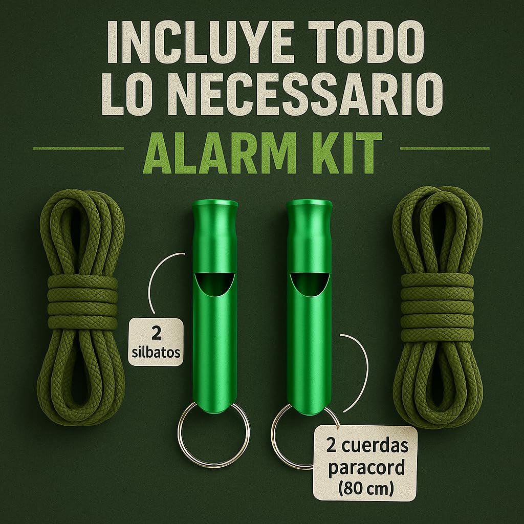 Silbato de Emergencia con Cuerda Paracord 9 Núcleos – Silbato de Supervivencia de Aluminio con Anilla para Senderismo, Montaña, Camping y Seguridad en Coche | Apito de Emergência