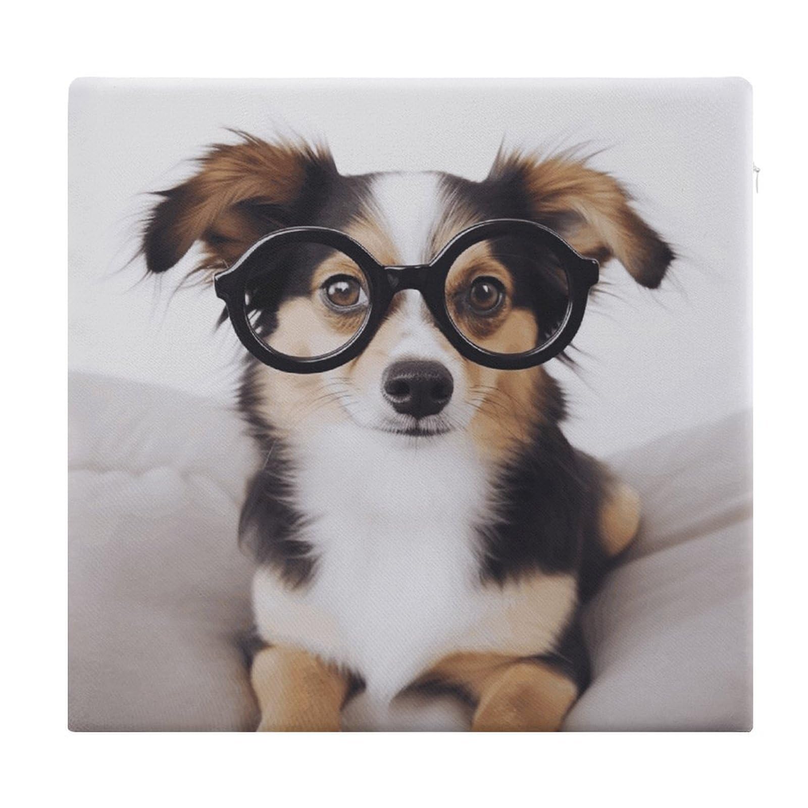 MUSM Cute Dog with Glasses Chair Cushions Square Indoor Dining Chair Pads Breathable Seat Cushion Memory Foam Pad Ultra Soft Warm Floor Cushion for Kitchen Office Car 13.8”x15”