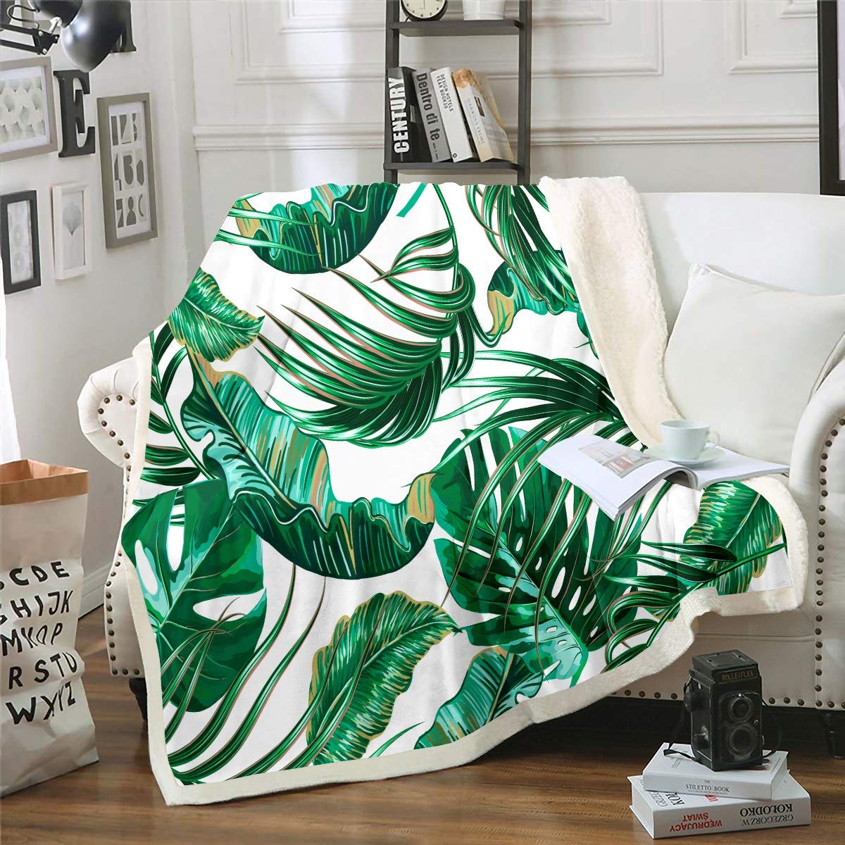 Loussiesd Multicolored 13206 Palm Leaf Fuzzy Blanket Tropical Leaves Sherpa Blanket For Sofa Bed Couch Palm Tree Print Fleece Throw Blanket Green Botanical Fuzzy Blanket Room Decor Plush Blanket Double 60X79 Inch