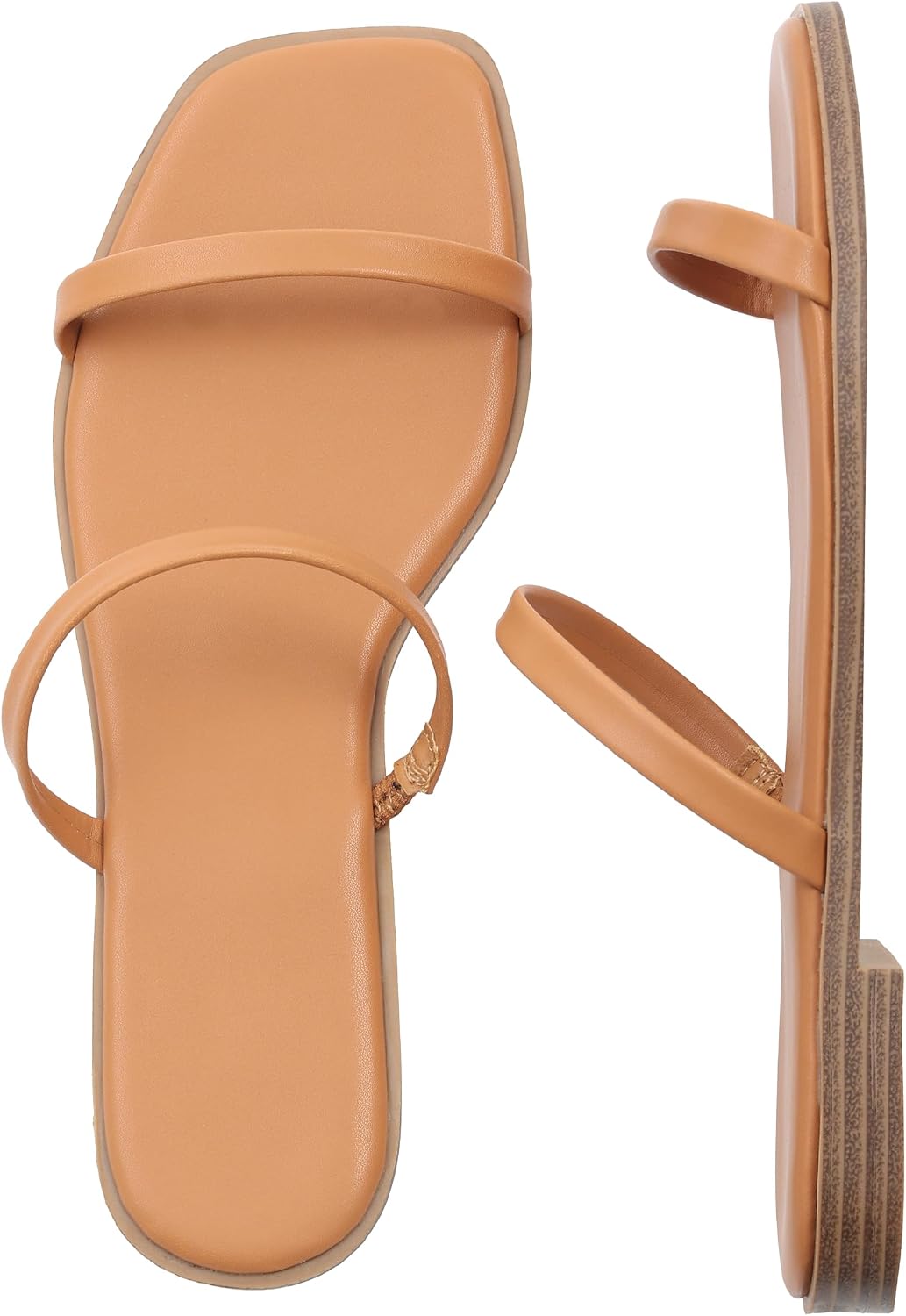 Shoe'N Tale Strappy Flat Sandals for Women Slip On Square Open Toe Slides Sandals