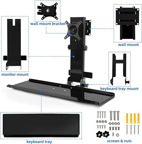 Miniatura 9 de Soporte de pared para monitor con bandeja plegable para teclado, para Mac mini y PC pequeñas, compatible con teclados estándar, plataforma curvada