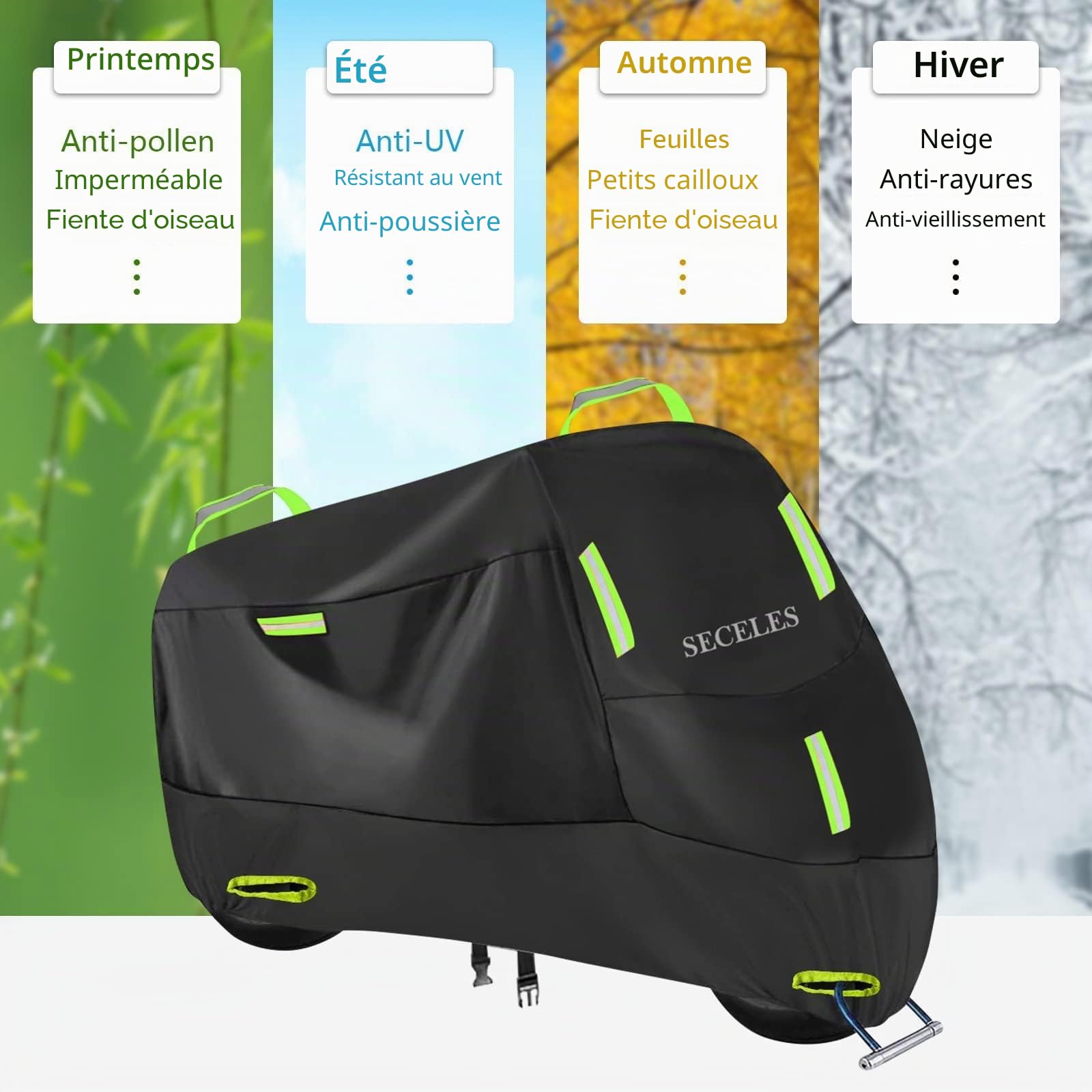 SECELES 300D Housse de Moto imperméable M 185x90x100cm | Tissu Oxford 300D,Imperméable, Antipoussière, 7 bandes réfléchissantes, Sac de rangement, Pour usage extérieur