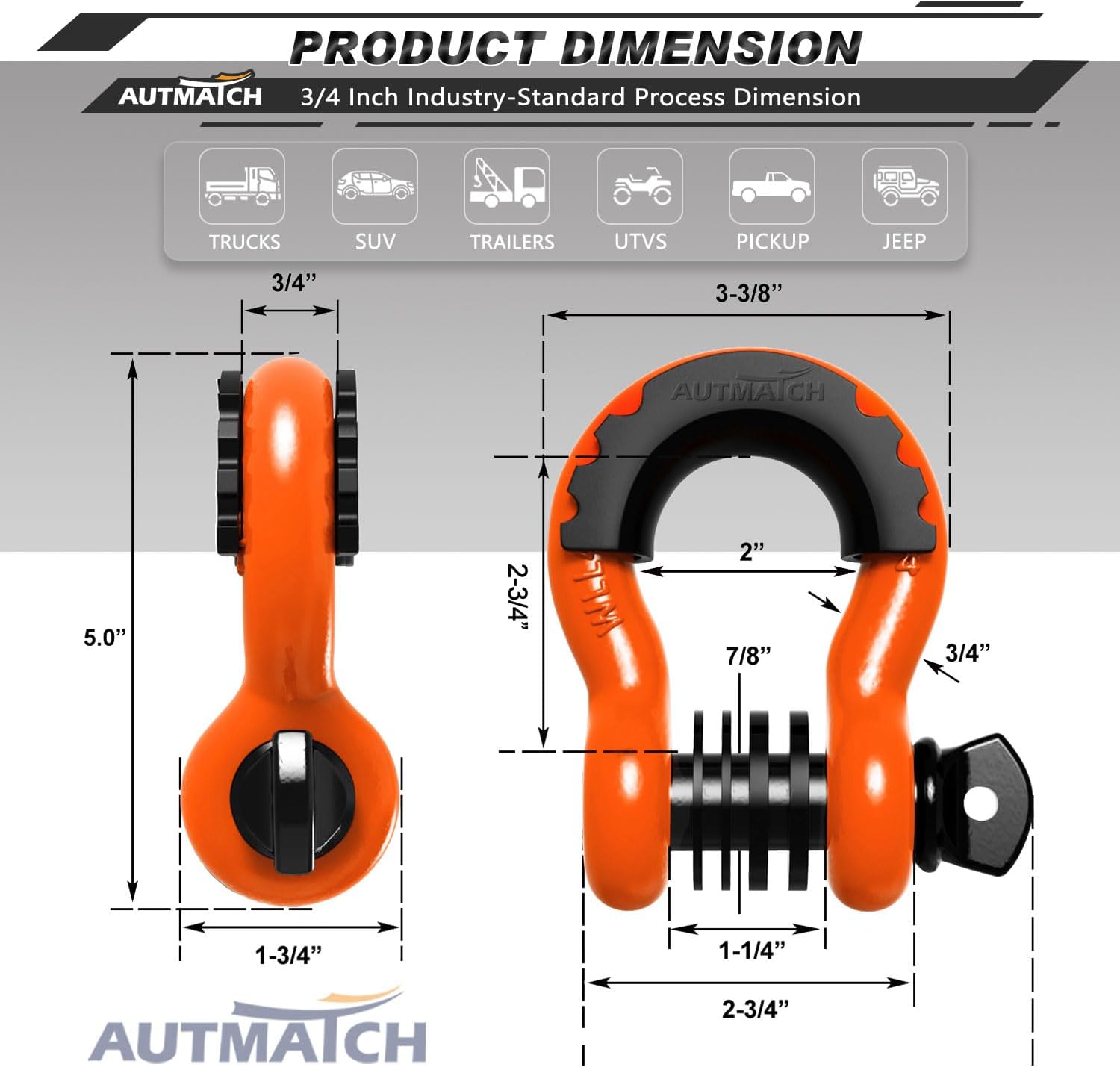 AUTMATCH D Ring Shackle 3/4" Shackles (2 Pack) 41,887Ibs Break Strength, Clevis Shackle with 7/8" Screw Pin & Shackle Isolator Washers Kit for Tow Strap Winch Off Road Vehicle Recovery, Orange & Black