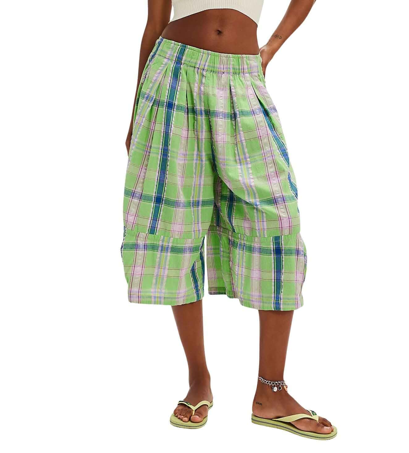 chouyatou Women's Retro Plaid Wide Leg Cropped Pants Y2k Baggy Culottes Capri Palazzo Pants with Pockets