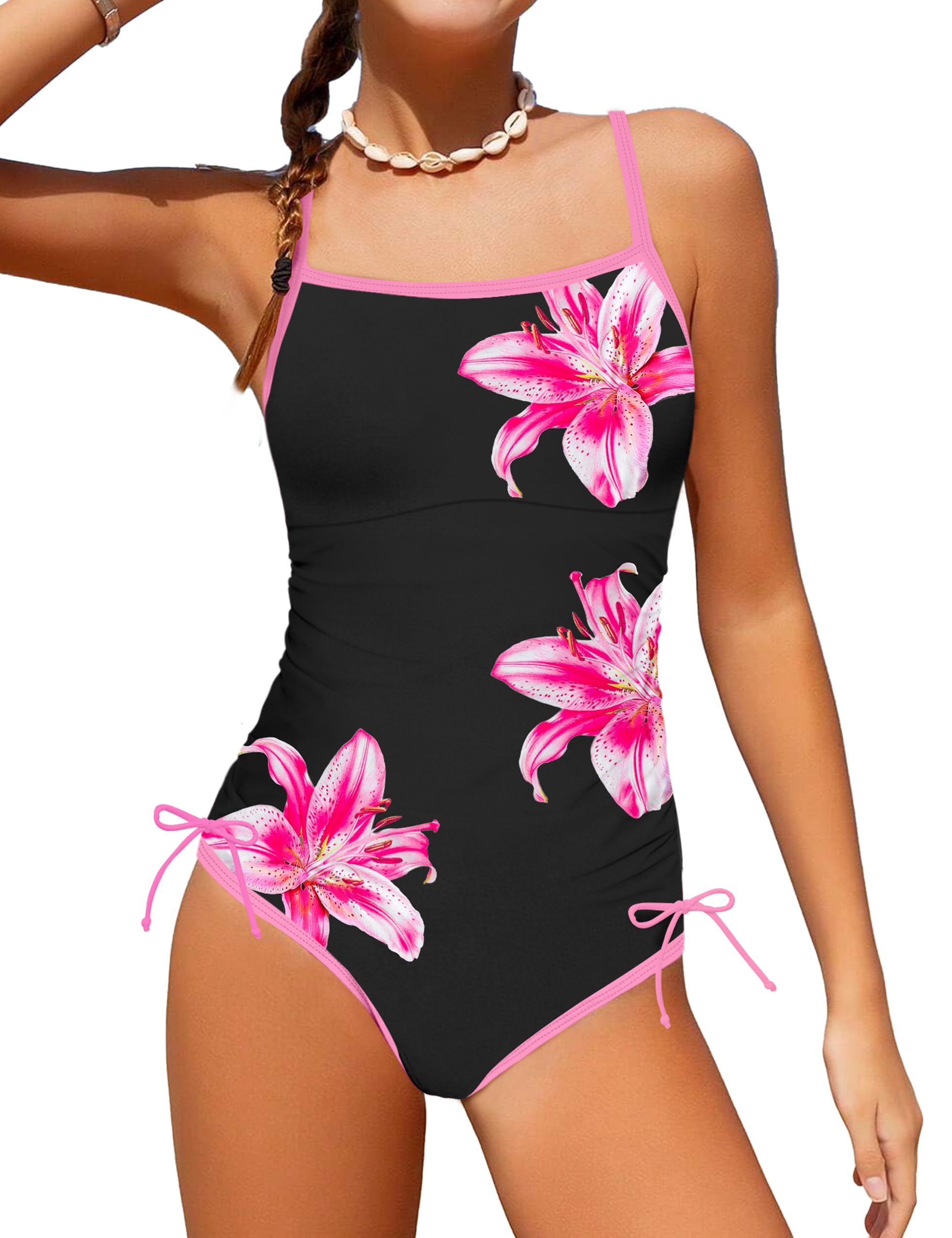 Photo 1 of TyeSmo Girls Swimsuit Size 14-16, Black + Pink Floral One-Piece Bathing Suit - 15-16Y