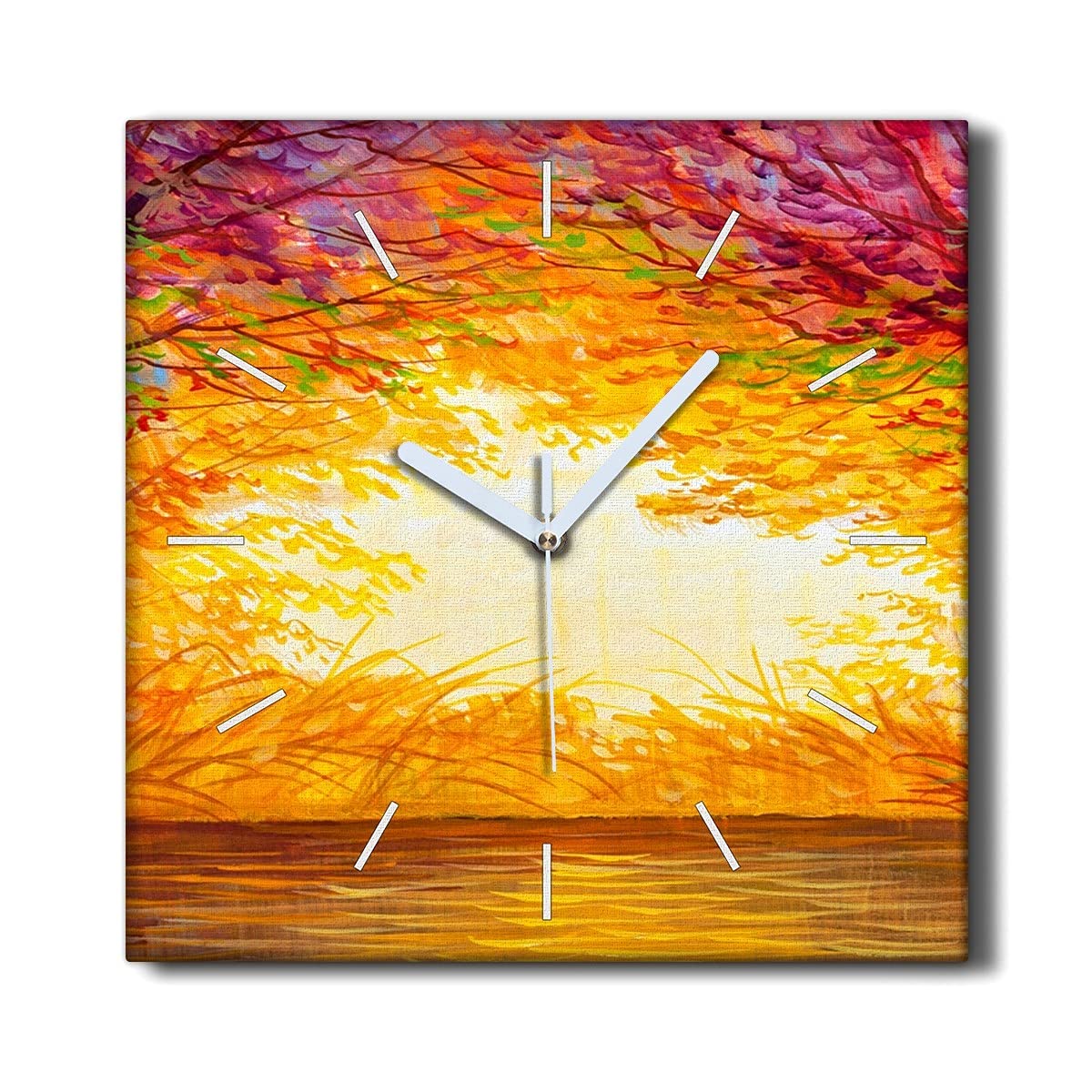 Horloge Murale 30x30cm sans tic-tac Toile Coucher du Soleil Décoration Murale Salon Moderne