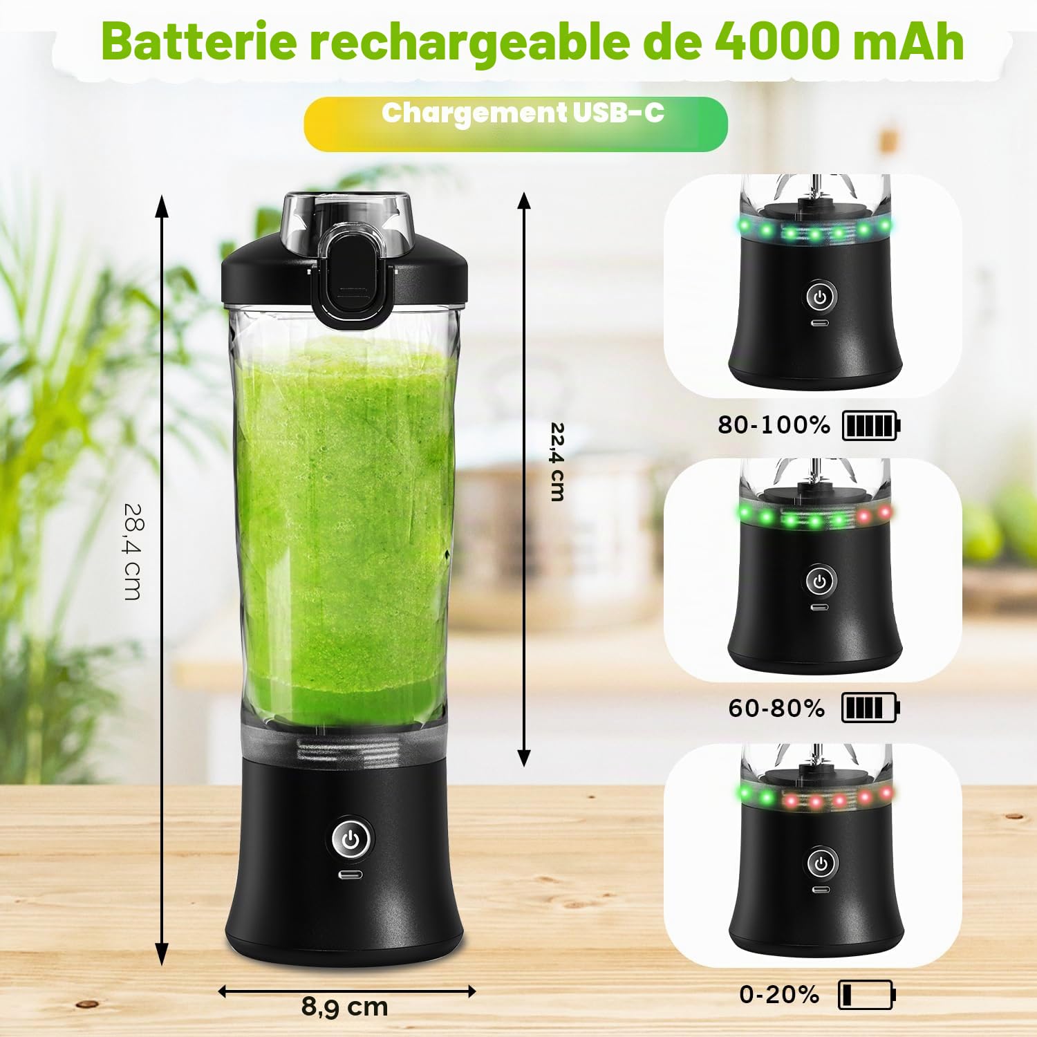 Mixeur personnel portable avec manchon isotherme pour shakes et smoothies – Mini mixeur de 600 ml avec 6 lames, couvercle de voyage, rechargeable par USB – Petit mixeur pour cuisine, voyage