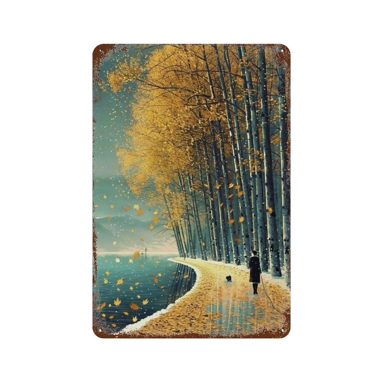 WUJHGRSG Impasto Autumn Riverside Stroll Scene 02 Wall Art Retro Iron Vintage Metal Tin Sign Poster Modern Decor for Home Cofffee Club Bar Shop Style 30x20cm