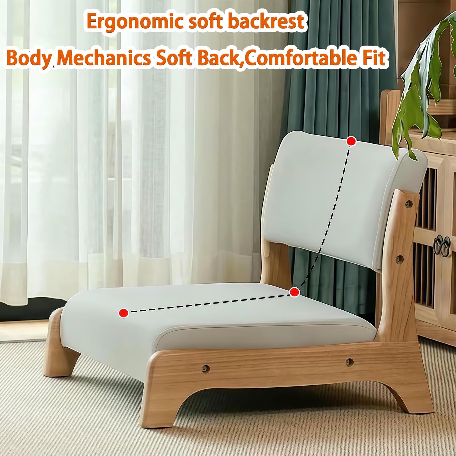Silla de suelo con soporte para el respaldo, asiento de meditación portátil de madera sin brazos, cojín suave para sala de estar, dormitorio y lectura