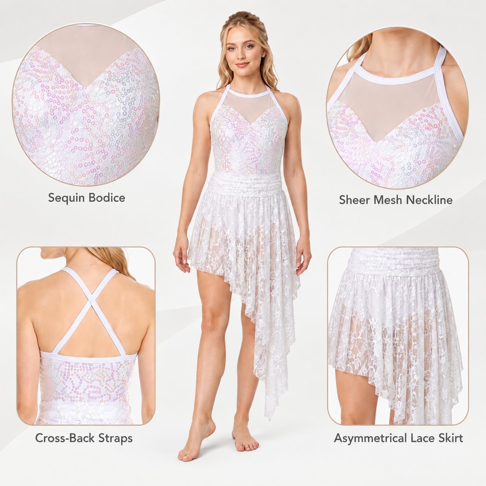 Abito da danza lirica donna e teen, body bianco in pizzo con paillettes