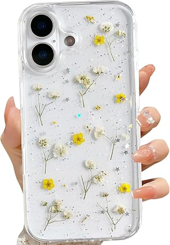 Miniatura 14 de Funda transparente para iPhone 16 Pro Max con diseño de flores reales presionadas, patrón floral rosa brillante y lindo, funda protectora de TPU