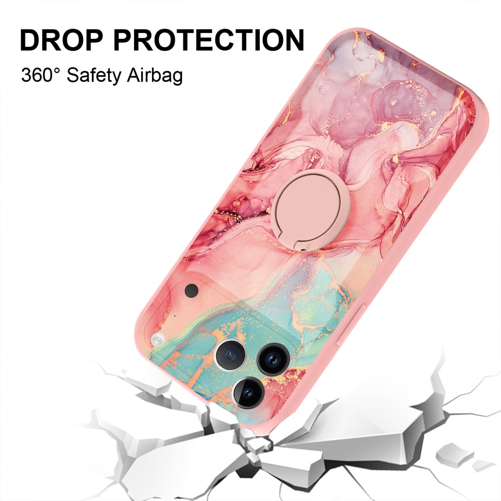 Yoedge Kickstand Phone Case for iPhone 17 Pro Max 6.9",360°Rotatable Magnetic Ring Holder Cases,Full Body Shockproof Silicone Back Cover with Built-in Screen Protector,Pink Marble Pattern — view 4