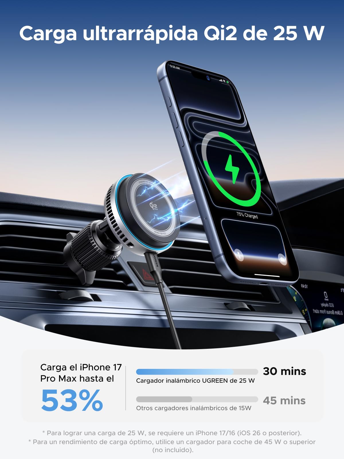 UGREEN MagFlow Pro Qi2 25W MagSafe Cargador Inalámbrico Coche Compatible con iPhone 17 16 15 14 13 12 Pro MAX Air Plus, Refrigeración Tec con Ventilador Integrado, Montaje en Rejilla de Ventilación