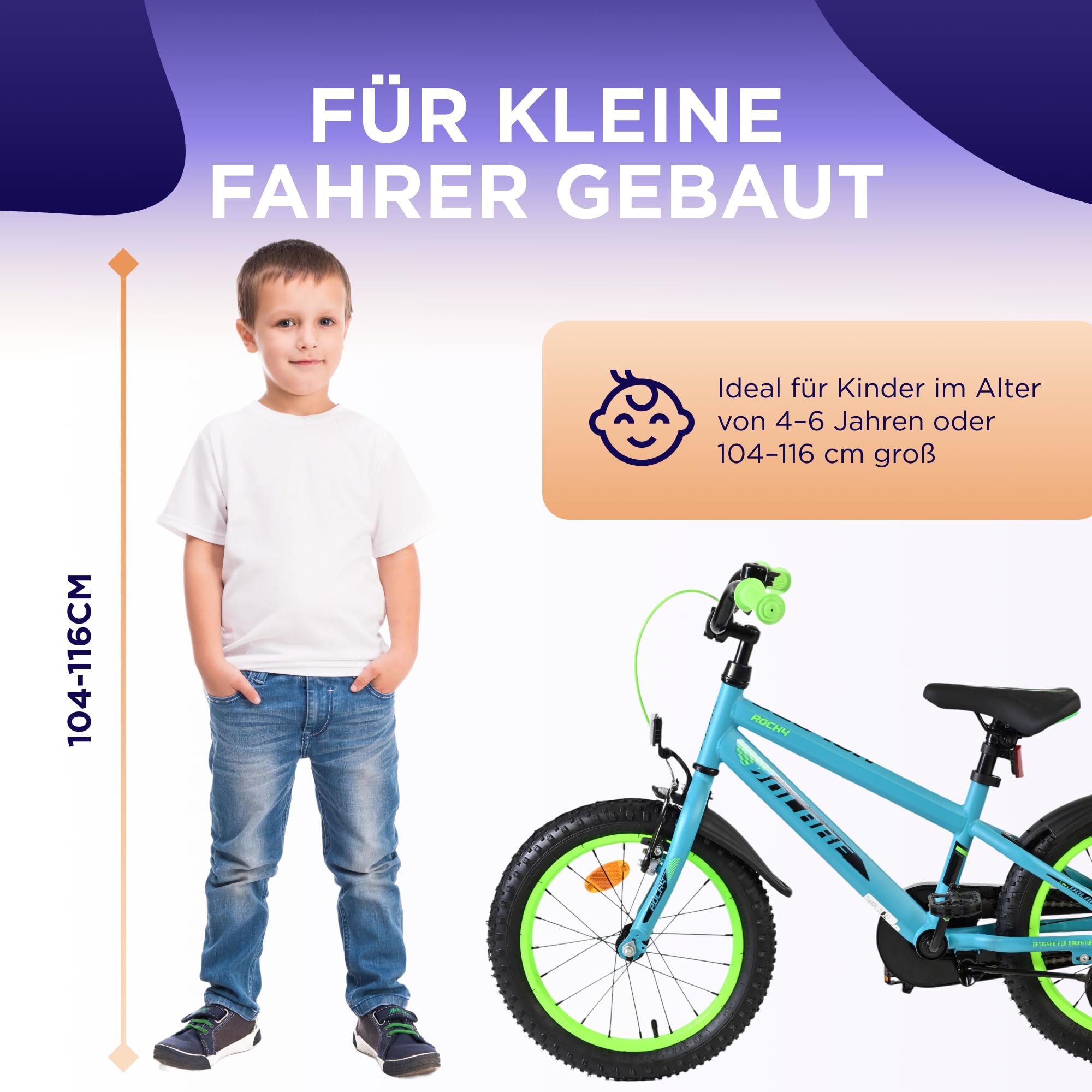 Volare Rocky Kinderfahrrad grün 16 Zoll | 4–6 Jahre | Hand- & Rücktrittbremse | Stützräder | Kettenschutz | Verstellbarer Sattel | Geschenk für Mädchen & Jungen