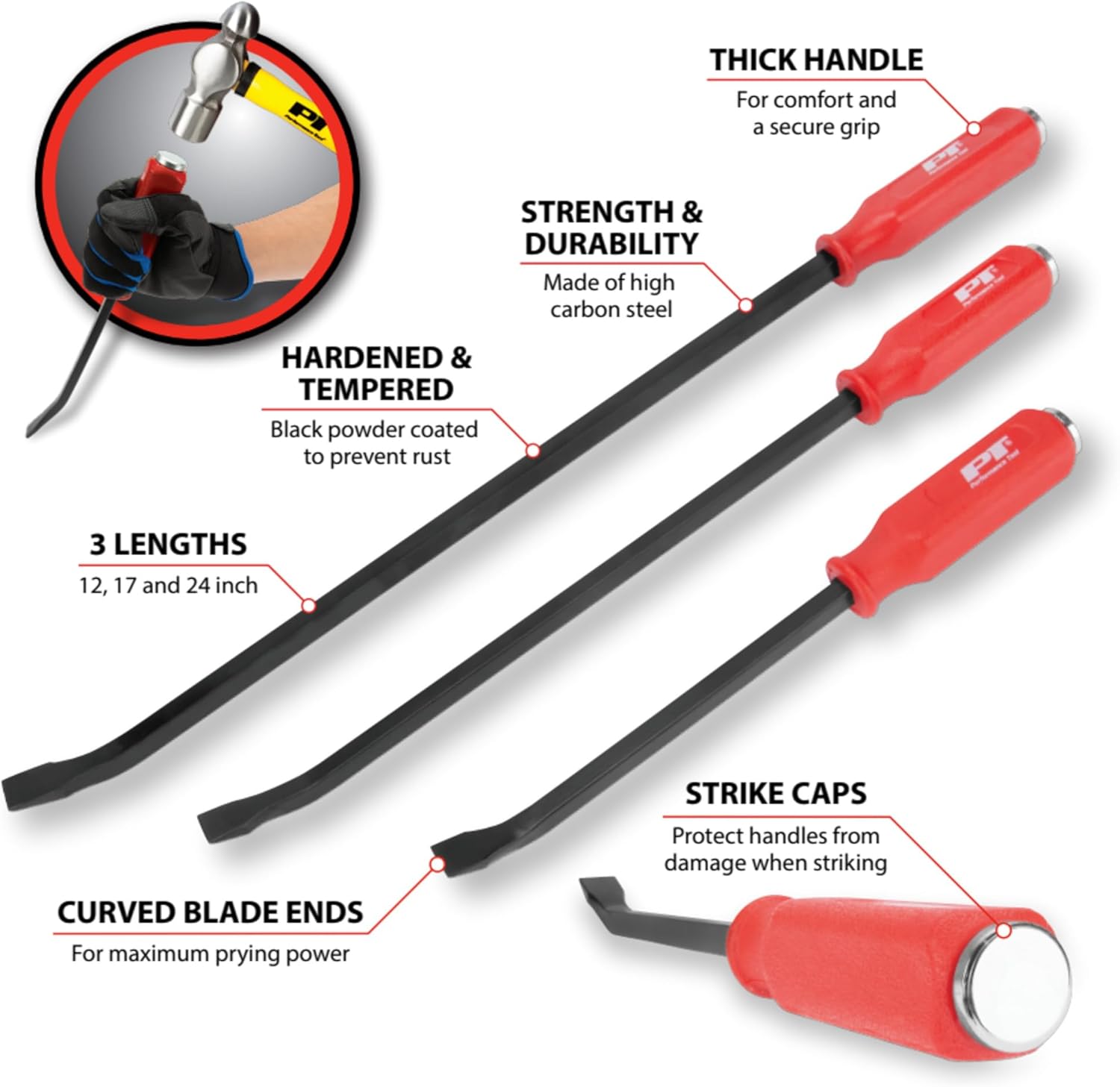 Performance Tool W2023 3-Piece Pry Bar Set - 12-Inch, 17-Inch, and 24-Inch with Strike Cap Ends - Ergonomic Handles - Hardened and Tempered High Carbon Steel