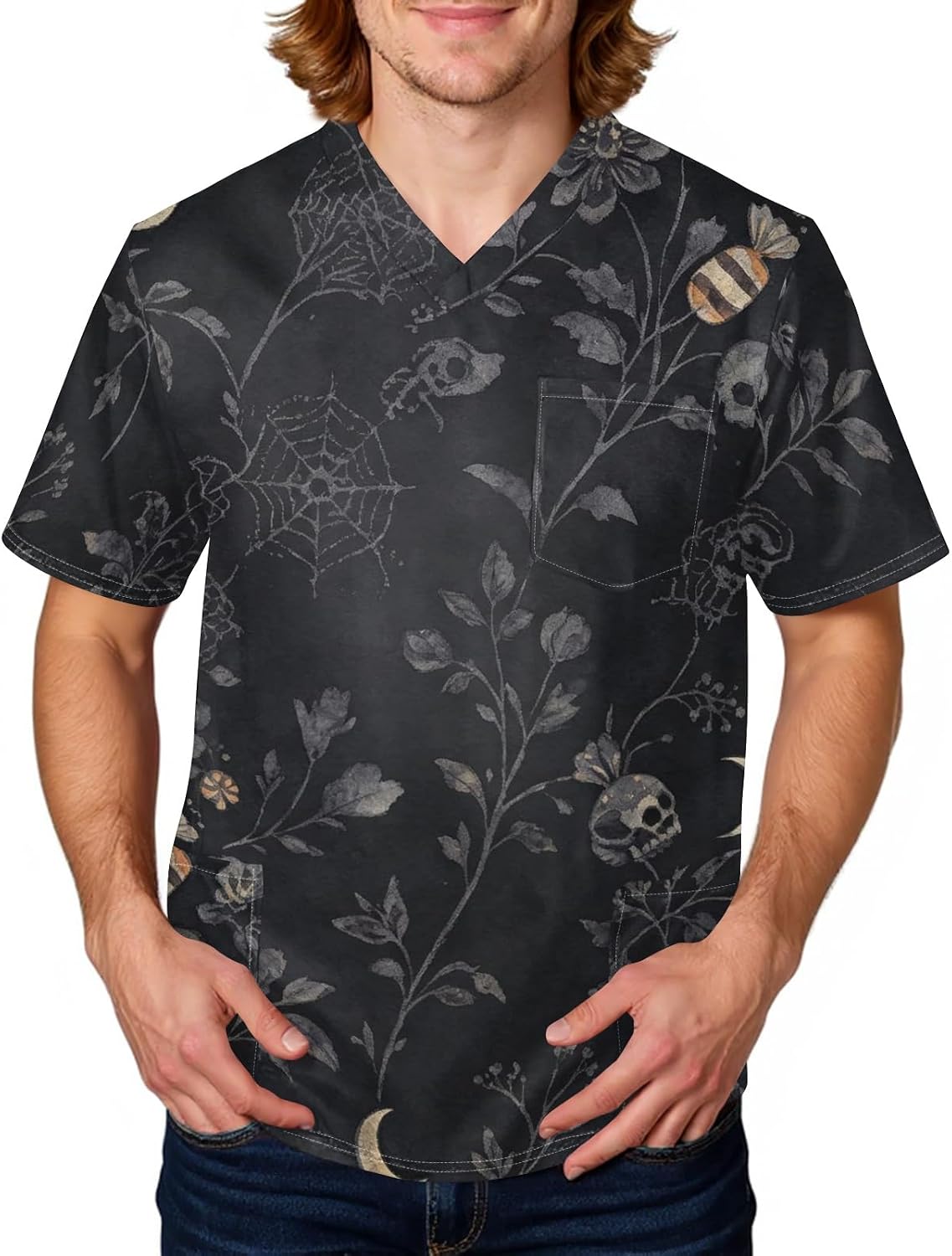 Men's Halloween Scrub Top Short Sleeve V-Ncek Working Nurse Unifroms