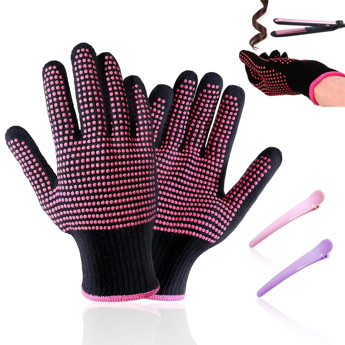 2 Gant Anti Chaleur +2 Barrette Cheveux Femme Gants professionnels résistants à la chaleur,Gants de protection contre la chaleur pour fer à friser pour coiffer les cheveux,fer à lisser