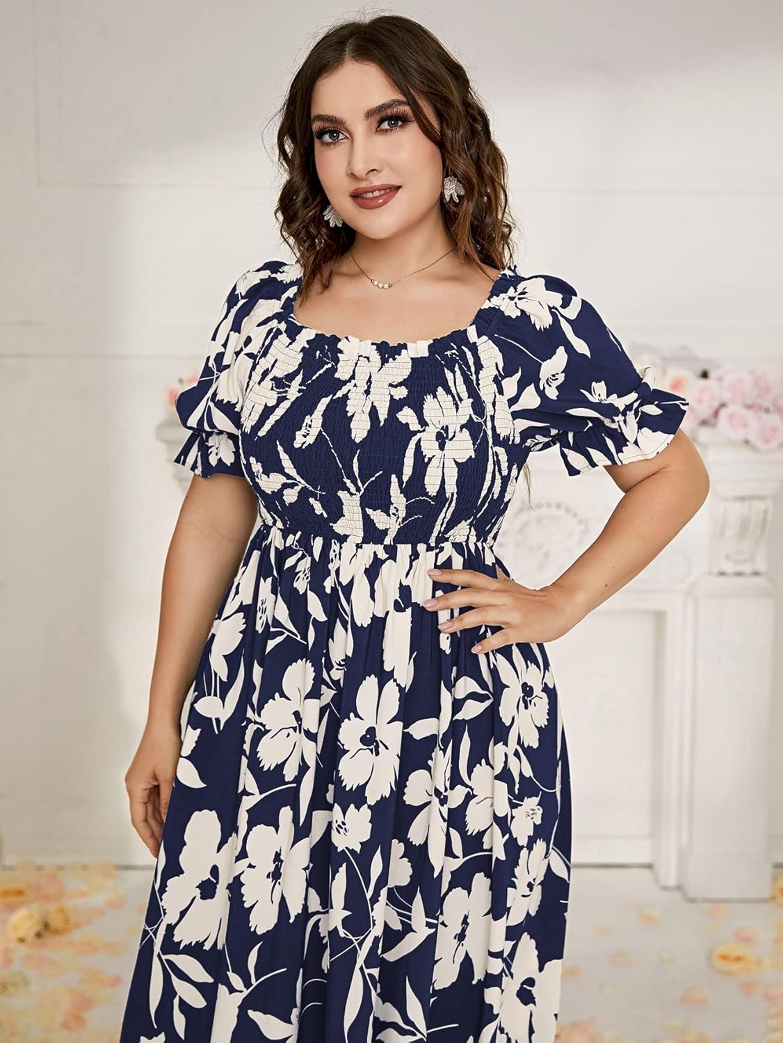 MakeMeChic Women's Plus Size Summer Floral Maxi Dresses Curvy Short Sleeve Shirred Boho Beach Wedding Long Dress - Image 4