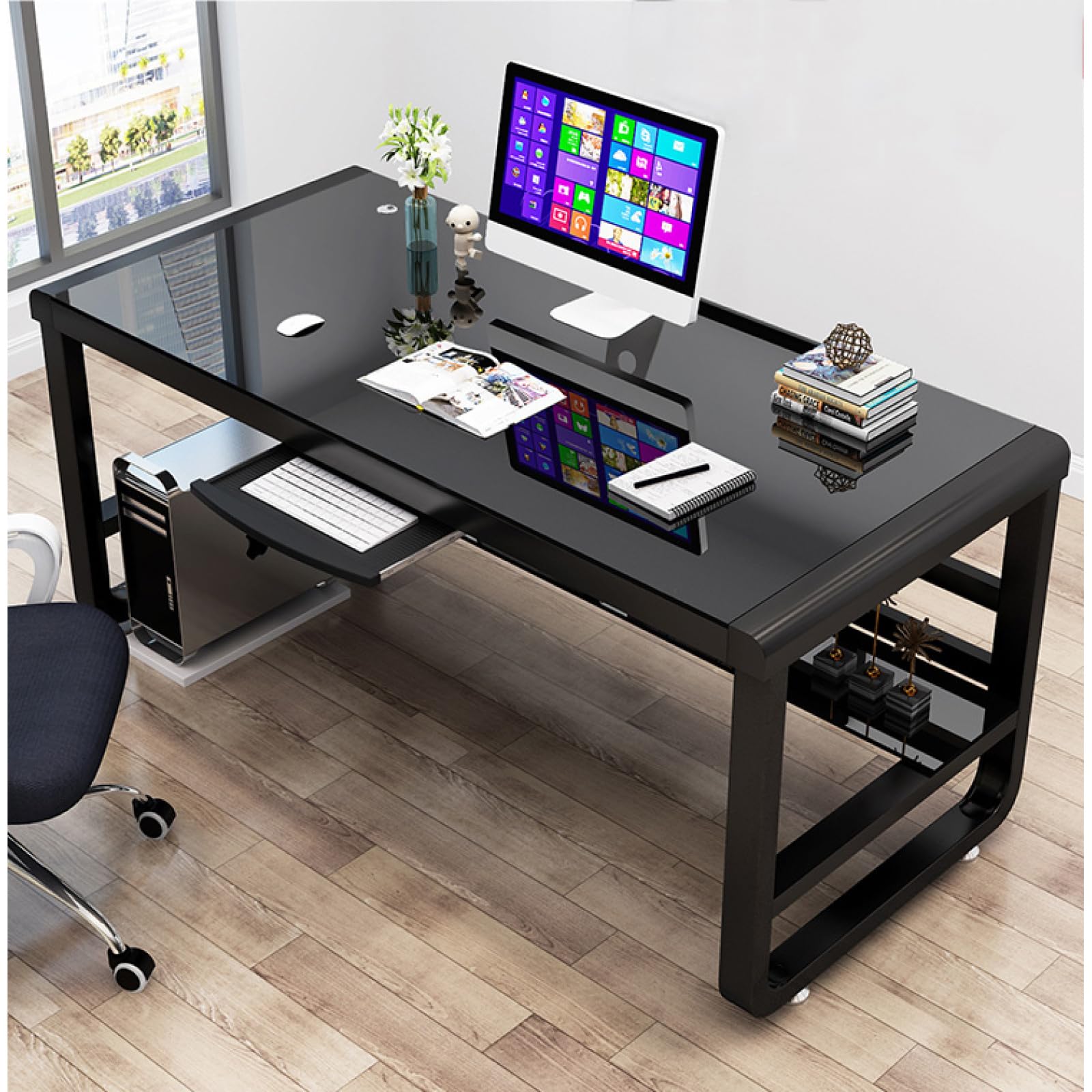 Scrivania moderna nera con libreria in vetro temperato workstation semplice PC portatile scrivania da gioco dimensioni compatte (80 x 60 x 75 cm) – elegante arredamento per casa e ufficio