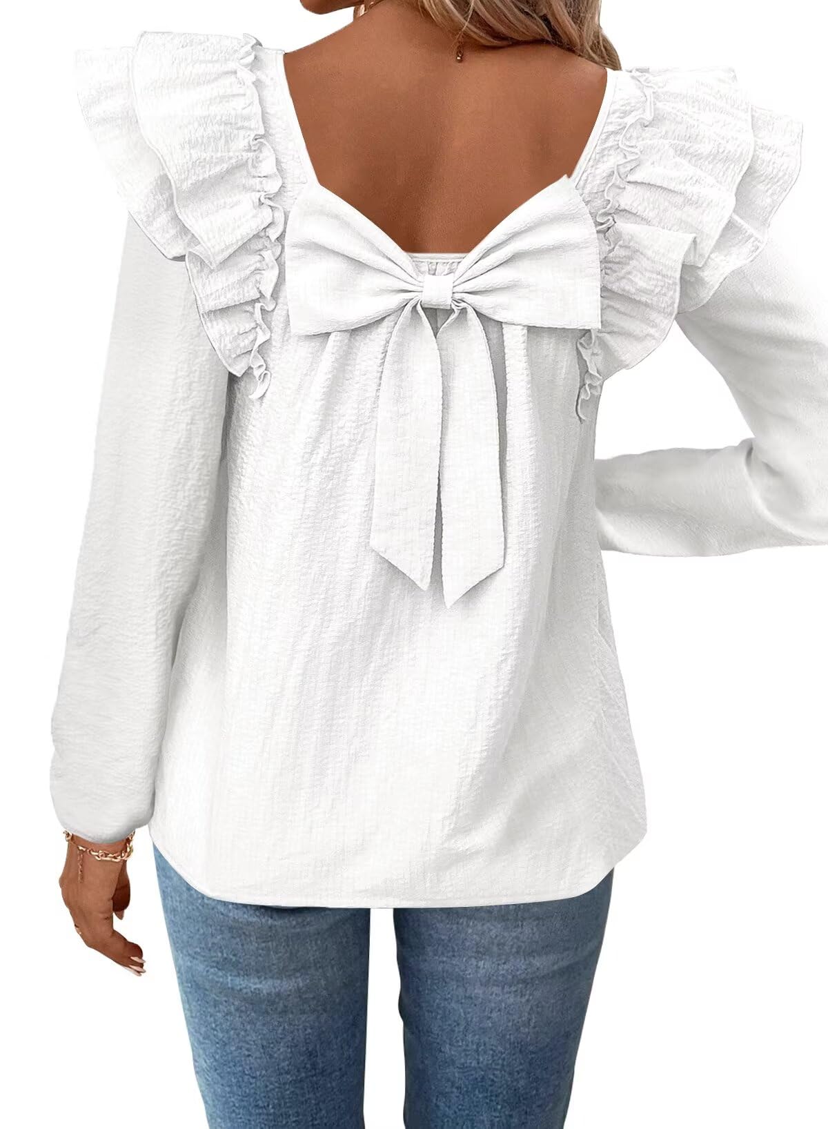 Photo 1 of Falechay Womens Fall Tops Cute Going Out Square Neck Outfit Casual Chiffon Long Butterfly Sleeve Clothes Sexy Ladies Babydoll Office Shirts 2026 Trendy Women Blouse Bow Tie Plus Size White Top XXL