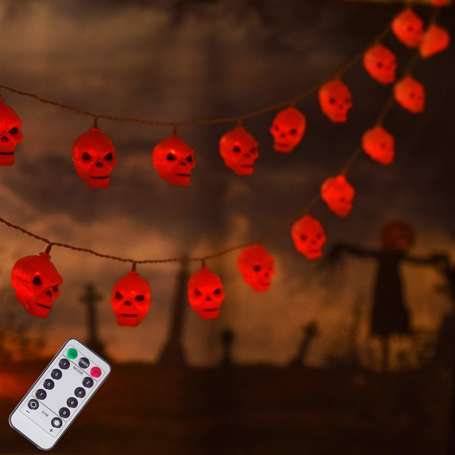 ILLUMINEW 30 LED Halloween Skull String Lights, Battery Operated 8 Modes Fairy Lights with Remote, 16.4ft Waterproof Halloween Decoration Lights for Outdoor Indoor Party (Red)