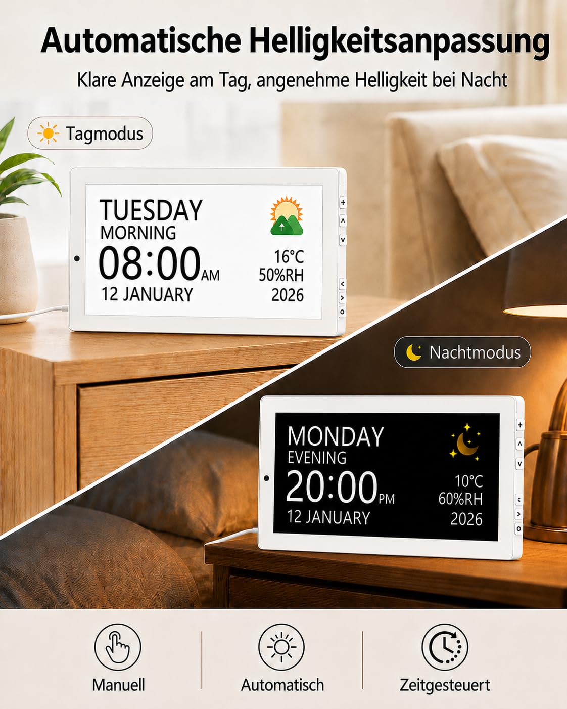 Roxicosly 10.1' Digitaler Kalender, Digital Uhr mit 20 Alarmen & Erinnerungen, 12 Themen, 12/24HTemperatur & Luftfeuchtigkeit, Dimmbar & 6 Sprachen, DST, USB & SD, Wecker Digital für Senioren