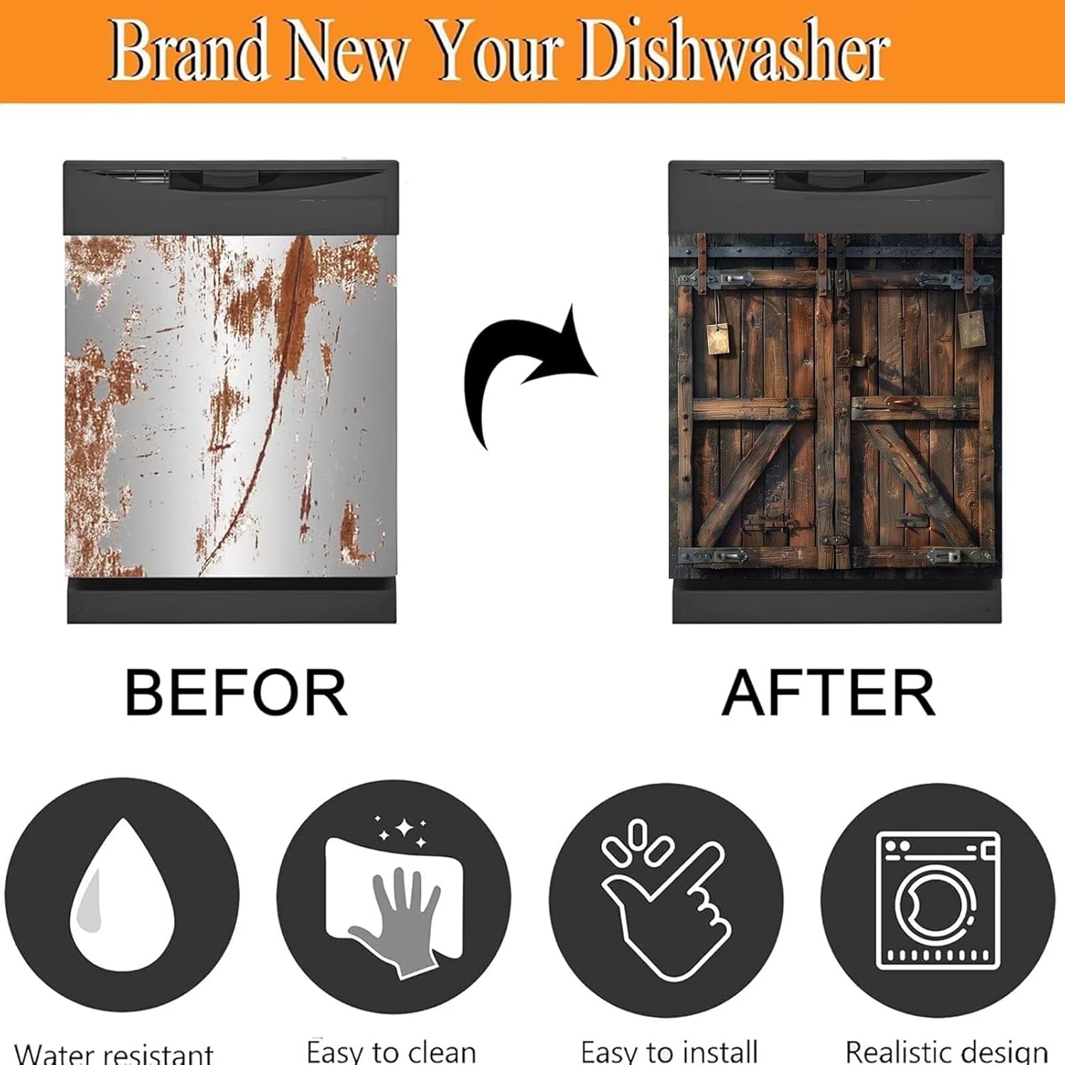 Barn Wooden Door Magnet Dishwasher Cover Panel Magnetic Sticker, Vintage Wooden Door Magnetic Skin Cover for Dishwasher Refrigerator Cabinets (23" x 26" Magnetic)