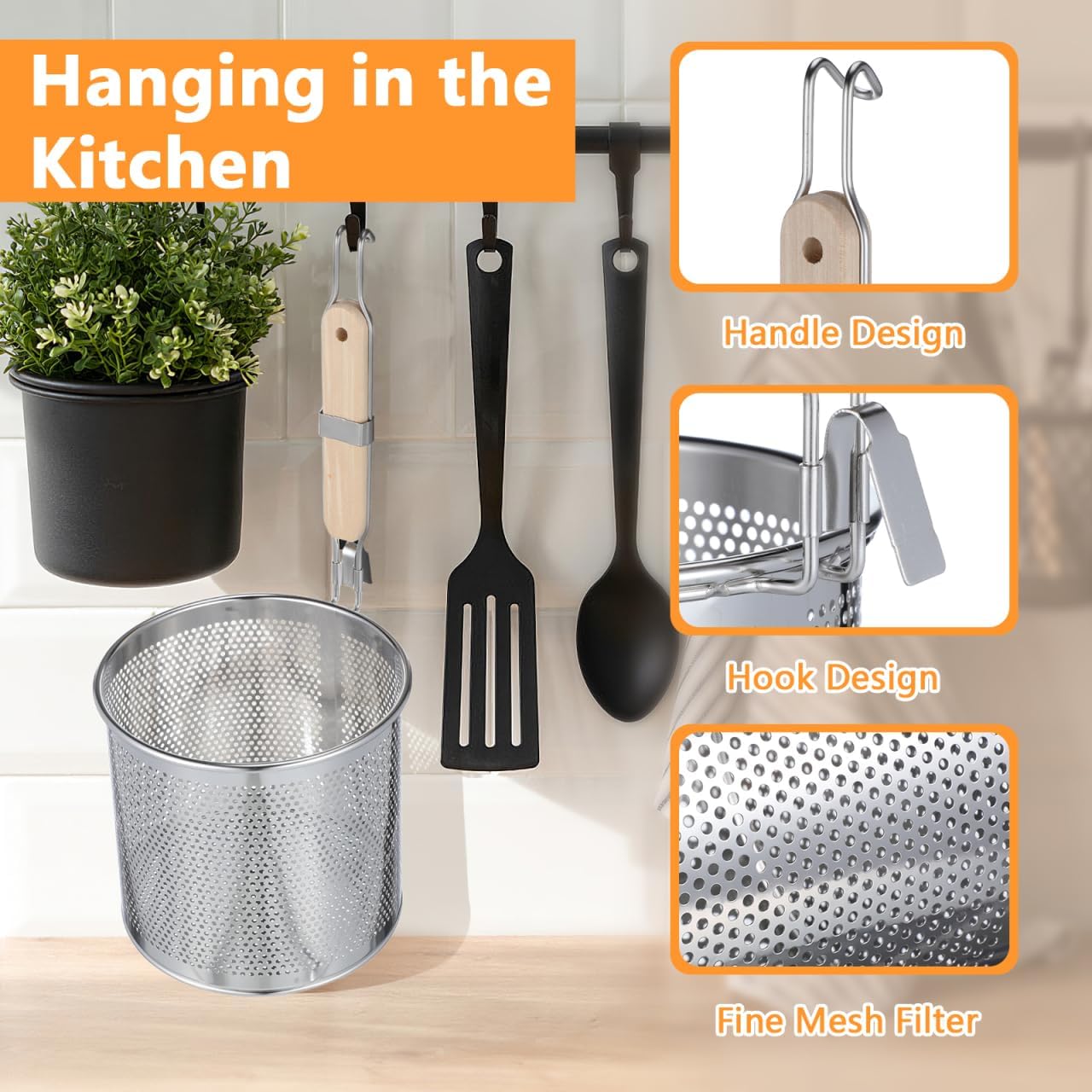 UKCOCO 7 Inch Stainless Steel Pasta Strainer Perforated Noodle Basket