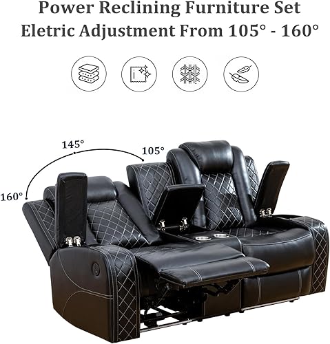 Miniatura 3 de Juego de sofá reclinable eléctrico para sala de estar, sofás reclinables de cuero negro con puerto USB, sofá de cuero con sillón reclinable