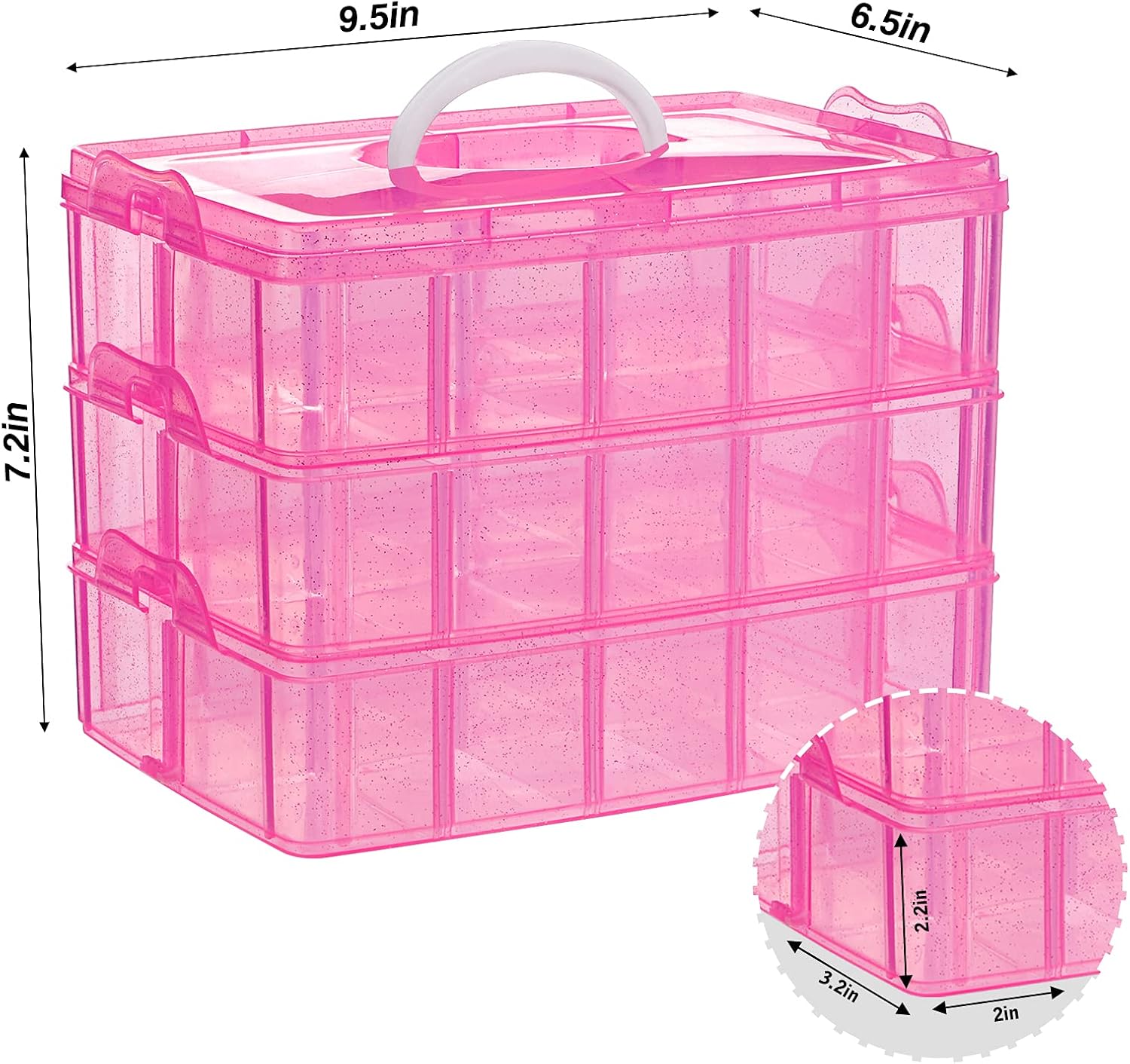 SGHUO 3-Tier Pink Craft Storage Container Box, Stackable Organizer Box with Dividers for Art Supplies, Beads, Washi Tapes, Seed, Hair Accessories, Nail, 9.5X6.5X7.2in