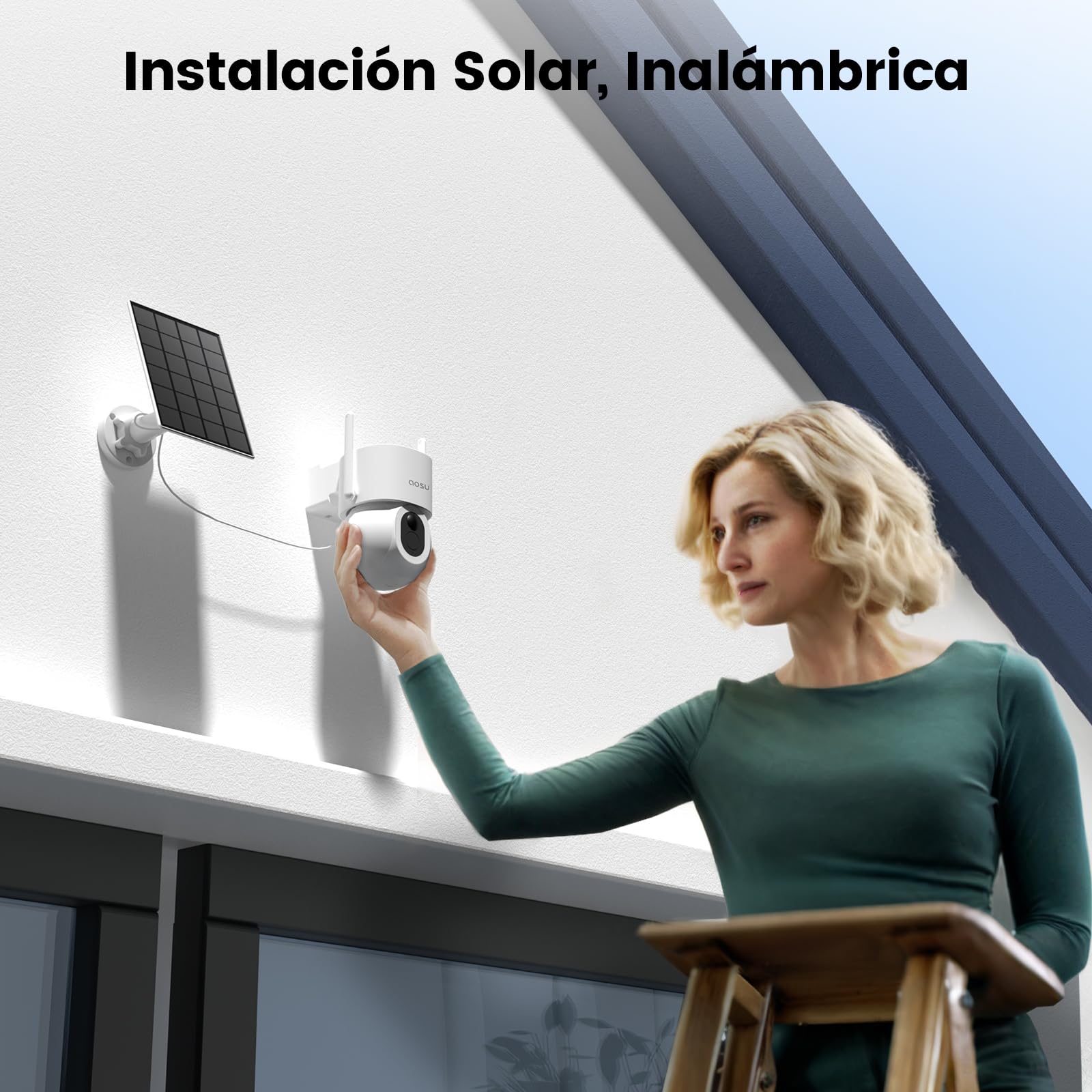 aosu 3K 5MP Cámara Vigilancia Exterior WiFi Inalámbrico, 360° PTZ, Panel Solar de Alta Capacidad, Detección AI de Personas, Mascotas, Vehículos, Visión Nocturna en Color, Luz Alarma, 400lm Foco, 2Pz