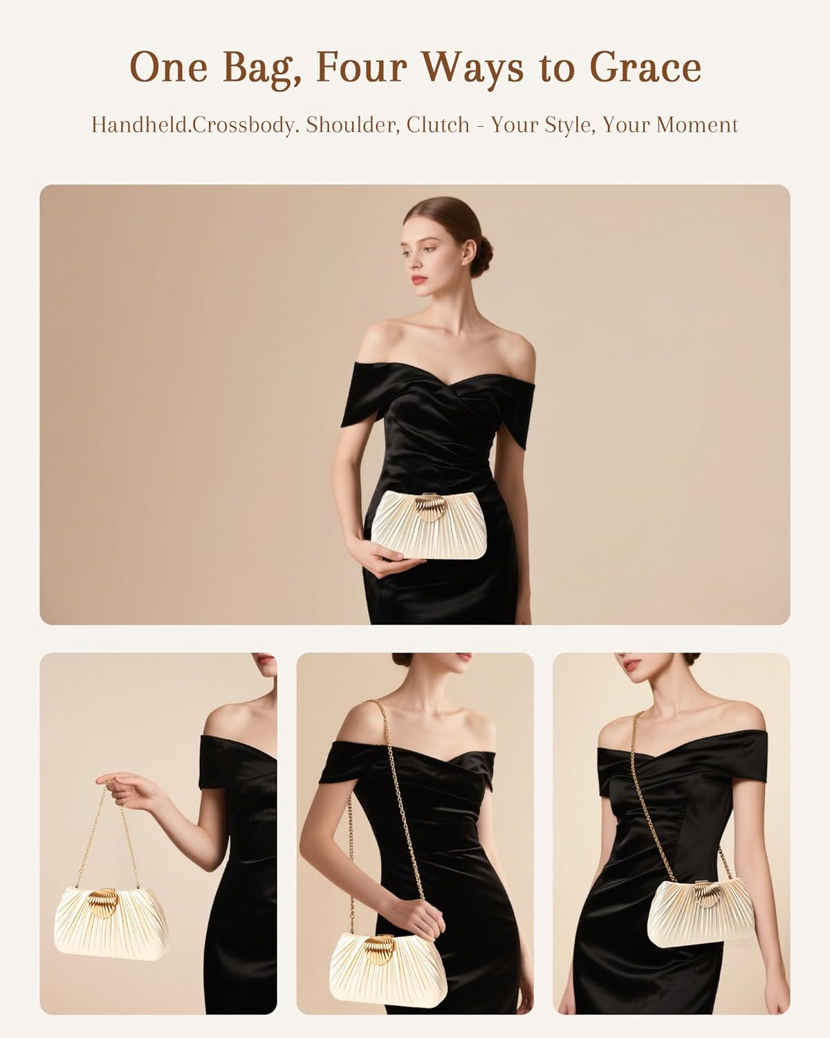 Gold Satin Clutch Evening Bag for Women – Elegant Pleated Wedding Party Purse with Chain Strap,Formal Handbag - Image 2