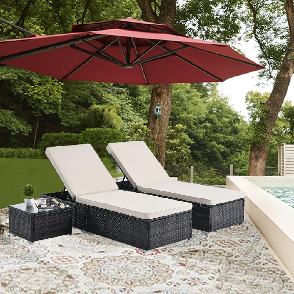 Generic Outdoor Patio Chaise Lounge Set - Classic 3-Piece Includes Lounge Chair with Adjustable Back&Side Table,PE Rattan and Steel Frame,Easy Assembly & Maintenance, Brown+beige