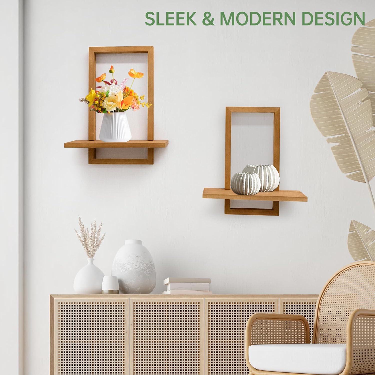 Square Floating Shelves for Wall, Solid Wood Framed Decorative Wall Mounted Shelves Set of 2 (Large & Small), Heavy Duty Modern Storage Display Shelves, Bathroom, Living Room, Kitchen, Home Office