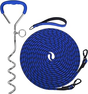 Mihachi Dog Tie Out Stake and Long Dog Leash, Reflective Recall Training Lead Leash with Removable Handle,15.8in Ground Stake,Ideal for Yard, Camping and Beach,Suitable for Medium Dogs, Blue 30FT