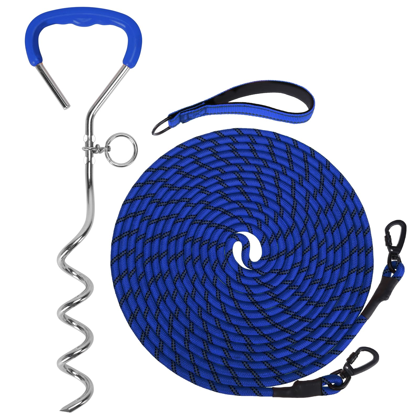Mihachi Dog Tie Out Stake and Long Dog Leash, Reflective Recall Training Lead Leash with Removable Handle, 15.8in Ground Stake, Ideal for Yard, Camping and Beach, Suitable for Large Dogs,Blue 15FT