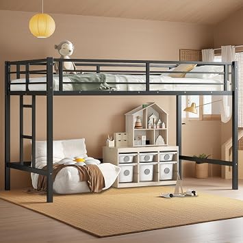 Loft Bed Twin, Loft Bed for Kids with Ladders and Guard Rails, Metal and Sturdy Low Loft Bed Frame for Boys Girls and Junior, No Box Spring Needed, Easy to Assembly, Twin
