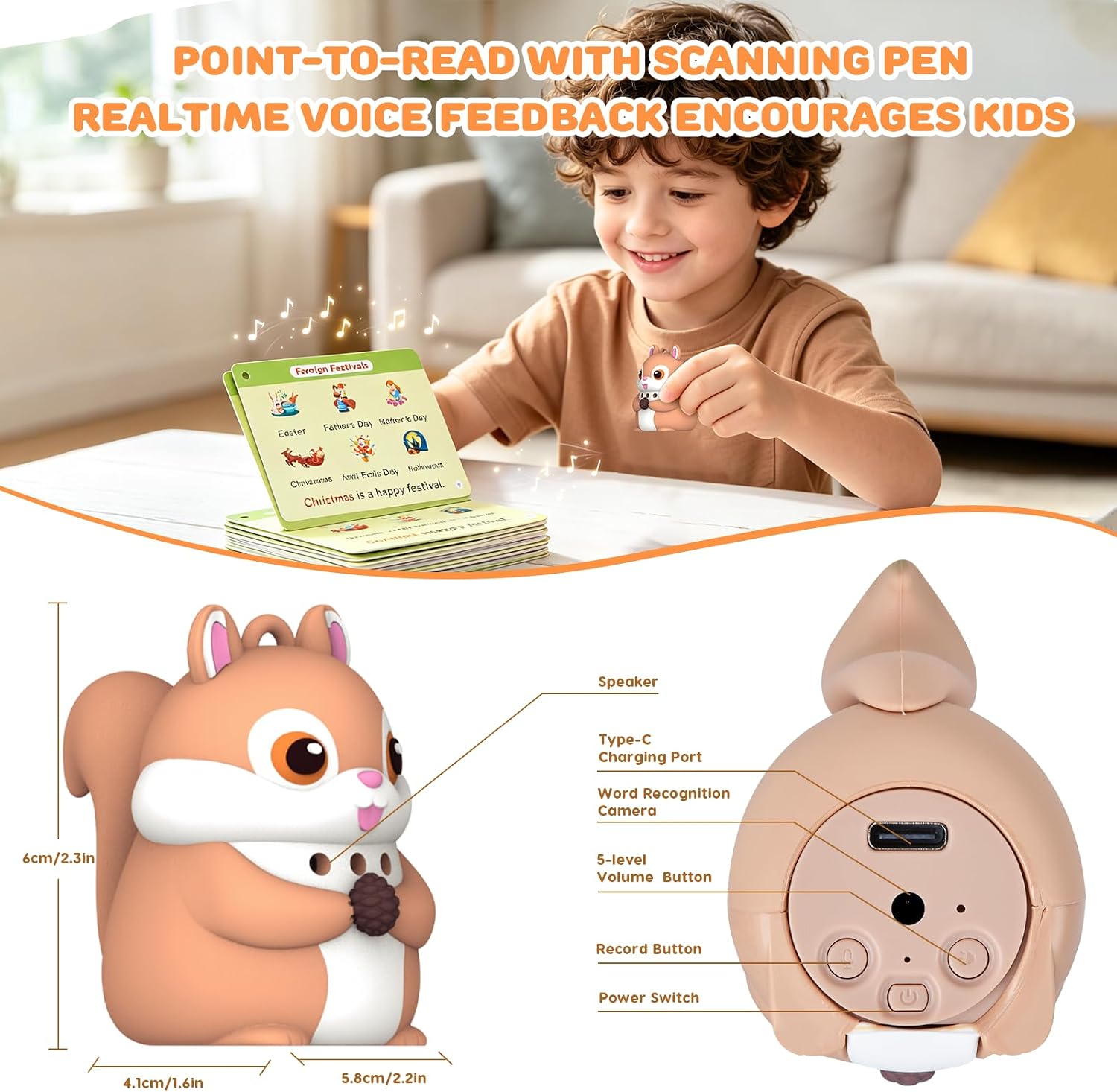 Phonics 55 Double-Sided Flash Cards with Squirrel Talking Pen Set, Over 800 Words Early Educational Learning Toys for Ages 2-6, Interactive Speech Book Card Game Gift, Homeschool Learning Supplies