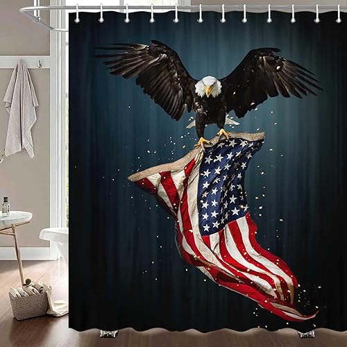Vista 35 de Cortina de ducha con la bandera estadounidense, 4 de julio, Día de la Independencia del Águila Calva, Estados Unidos, cortina patriótica con Azul