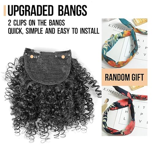 Miniatura 3 de Afro Puff Drawstring Ponytail with 2 Replaceable Bangs for Black Women Short Afro Kinky Curly Hair Bun with Afro Puff Bangs and Spring Curl Bangs