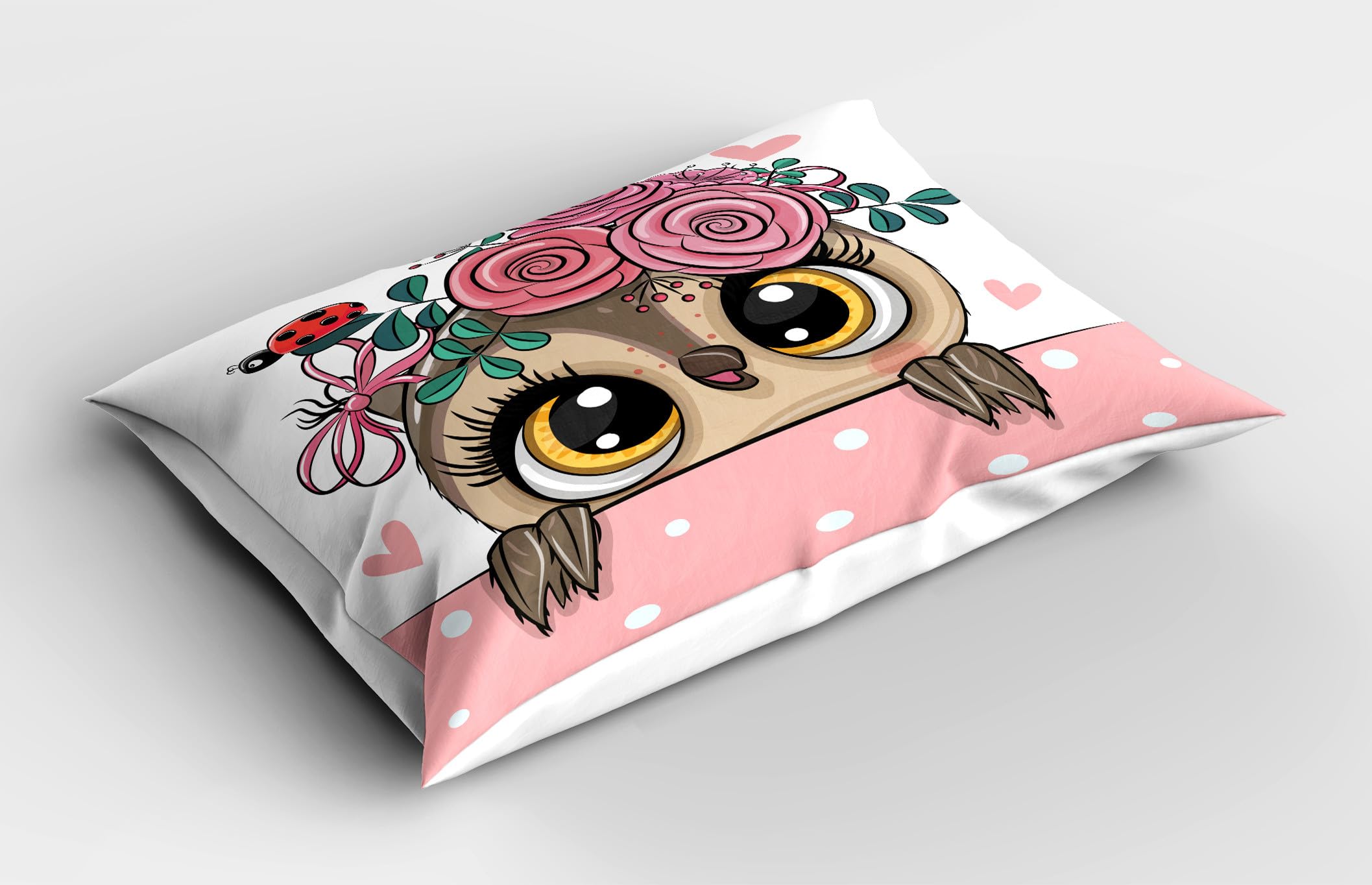 Ambesonne Animals Pillow Sham Set of 2, Cartoon Owls with Flowers on Ladybird and Small Hearts Polka Dots, Quality Microfiber Bedding Item for All Seasons, 36